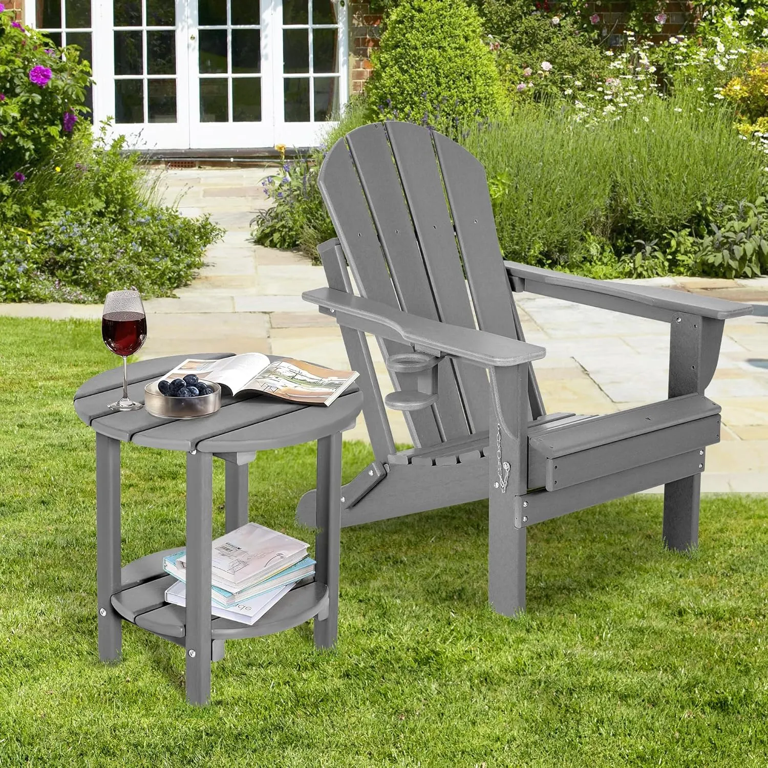 nalone HDPE Outdoor Side Table, 2 Tier Adirondack Patio Table for Outside, Double End Table Small Table for Balcony (Round Table, Grey)