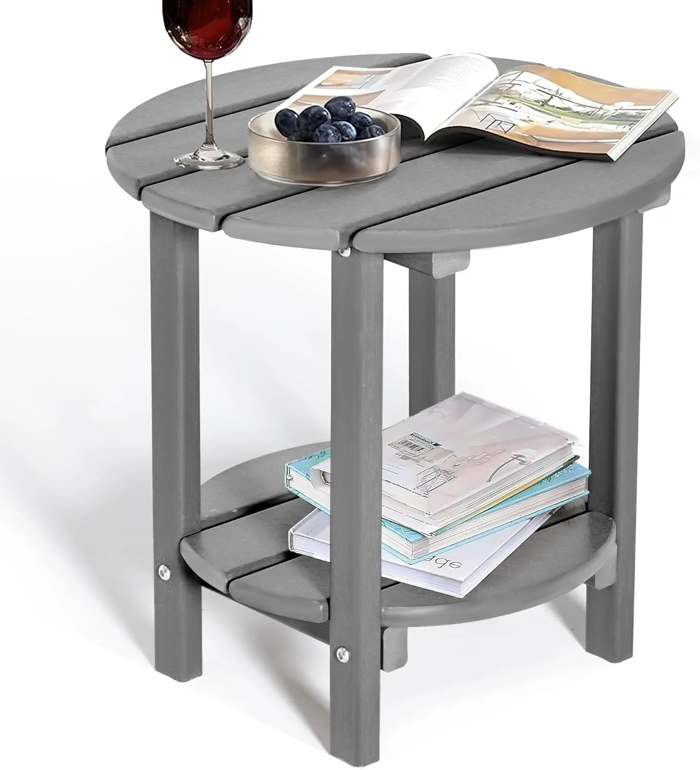 nalone HDPE Outdoor Side Table, 2 Tier Adirondack Patio Table for Outside, Double End Table Small Table for Balcony (Round Table, Grey)