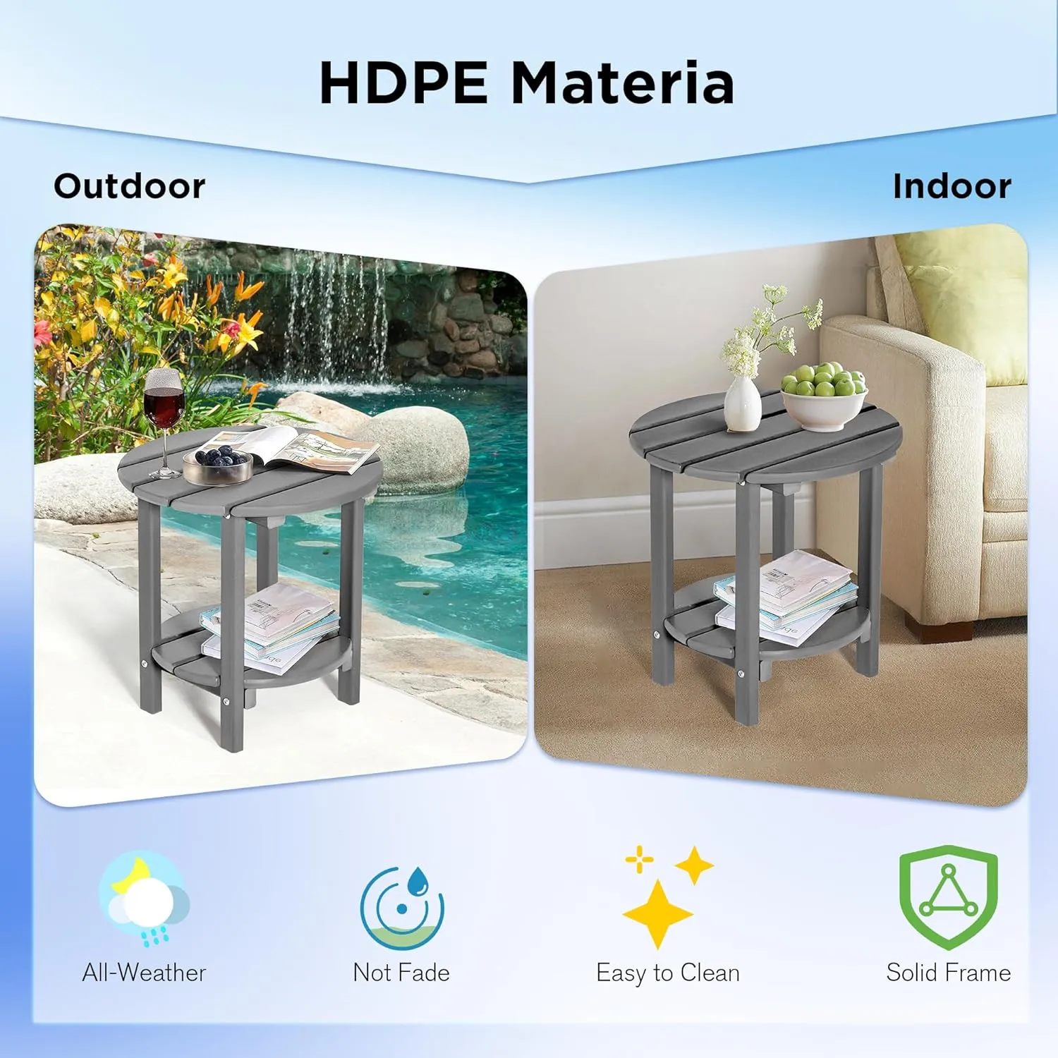 nalone HDPE Outdoor Side Table, 2 Tier Adirondack Patio Table for Outside, Double End Table Small Table for Balcony (Round Table, Grey)