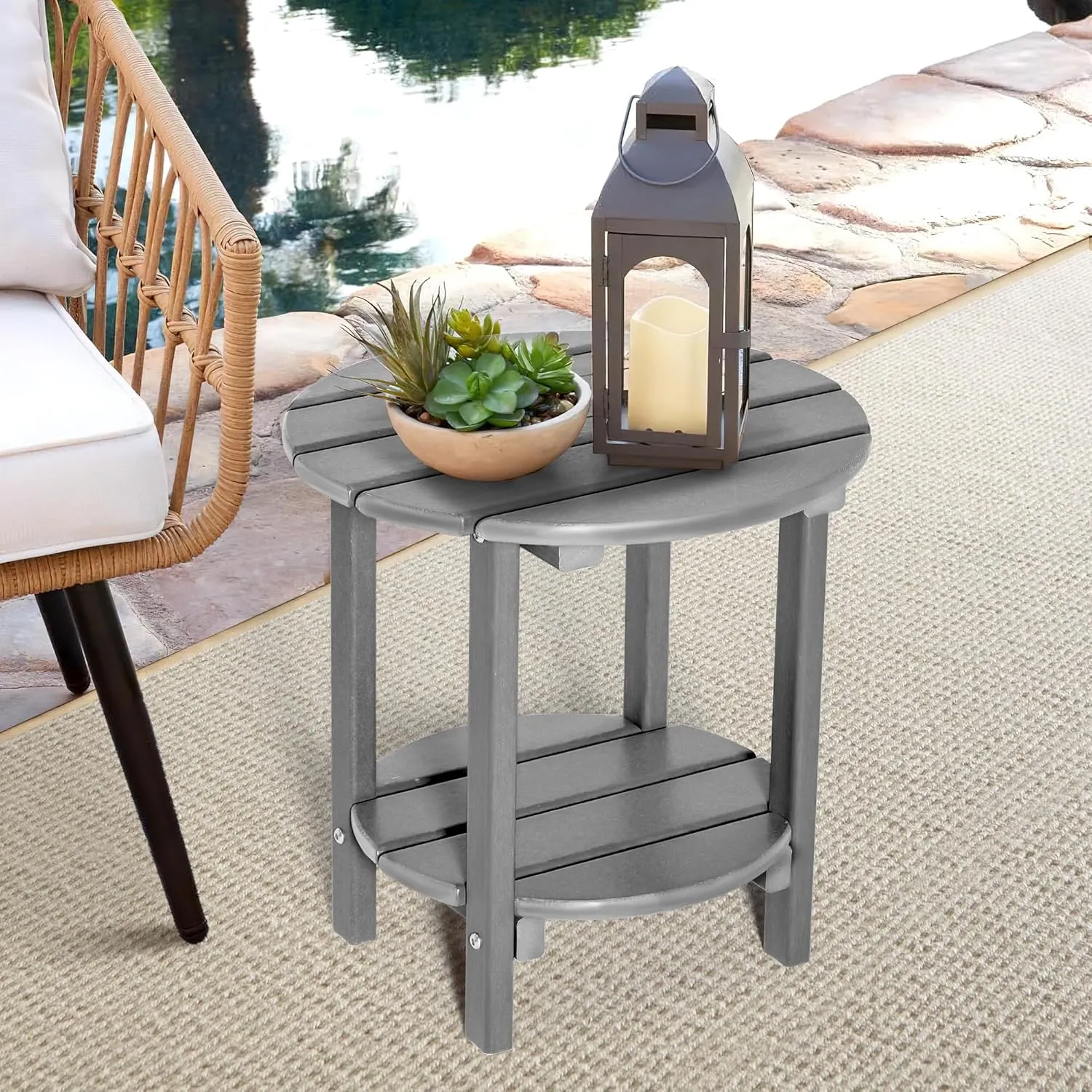 nalone HDPE Outdoor Side Table, 2 Tier Adirondack Patio Table for Outside, Double End Table Small Table for Balcony (Round Table, Grey)