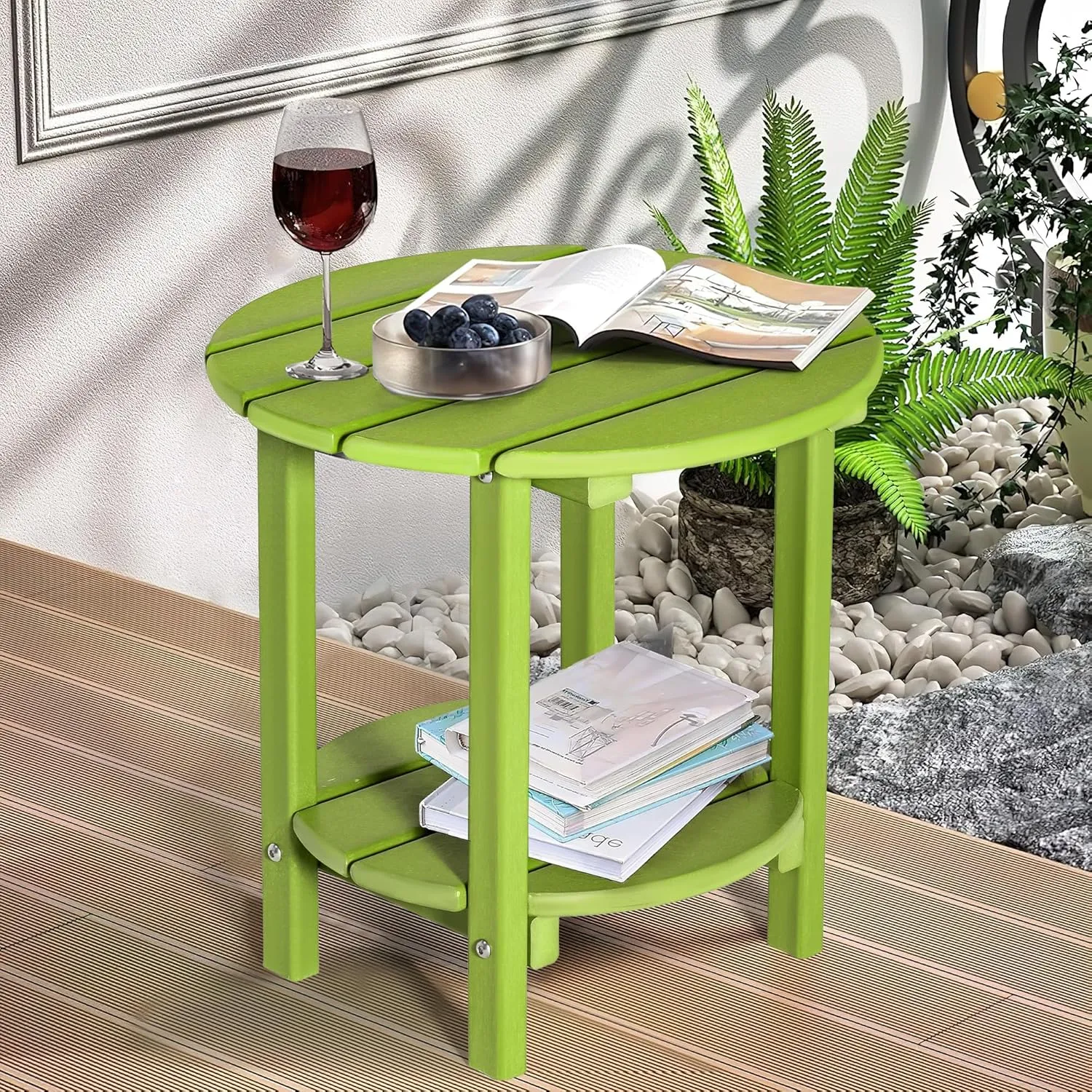 nalone HDPE Outdoor Side Table, 2 Tier Adirondack Patio Table for Outside, Double End Table Small Table for Balcony (Round Table, Lime)