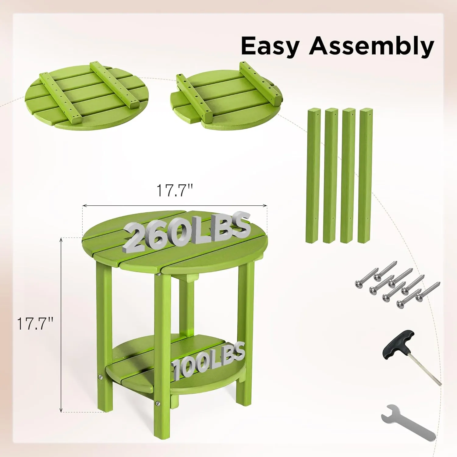 nalone HDPE Outdoor Side Table, 2 Tier Adirondack Patio Table for Outside, Double End Table Small Table for Balcony (Round Table, Lime)