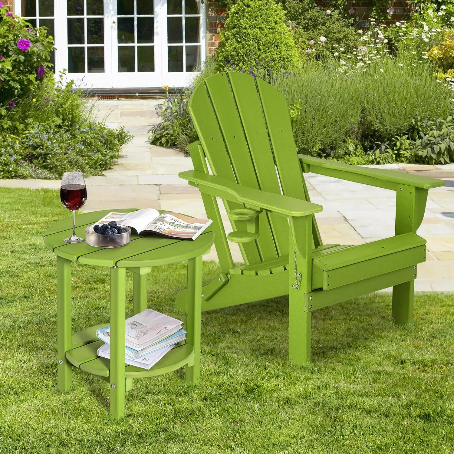 nalone HDPE Outdoor Side Table, 2 Tier Adirondack Patio Table for Outside, Double End Table Small Table for Balcony (Round Table, Lime)