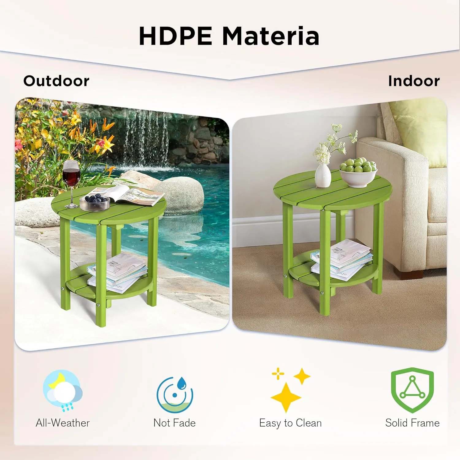 nalone HDPE Outdoor Side Table, 2 Tier Adirondack Patio Table for Outside, Double End Table Small Table for Balcony (Round Table, Lime)