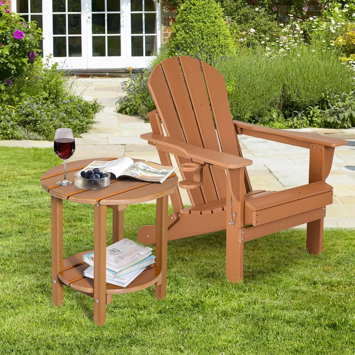 nalone HDPE Outdoor Side Table, 2 Tier Adirondack Patio Table for Outside, Double End Table Small Table for Balcony (Round Table, Teak)