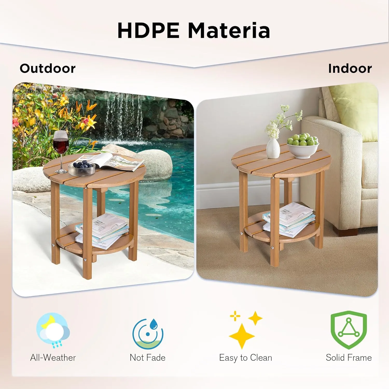 nalone HDPE Outdoor Side Table, 2 Tier Adirondack Patio Table for Outside, Double End Table Small Table for Balcony (Round Table, Teak)