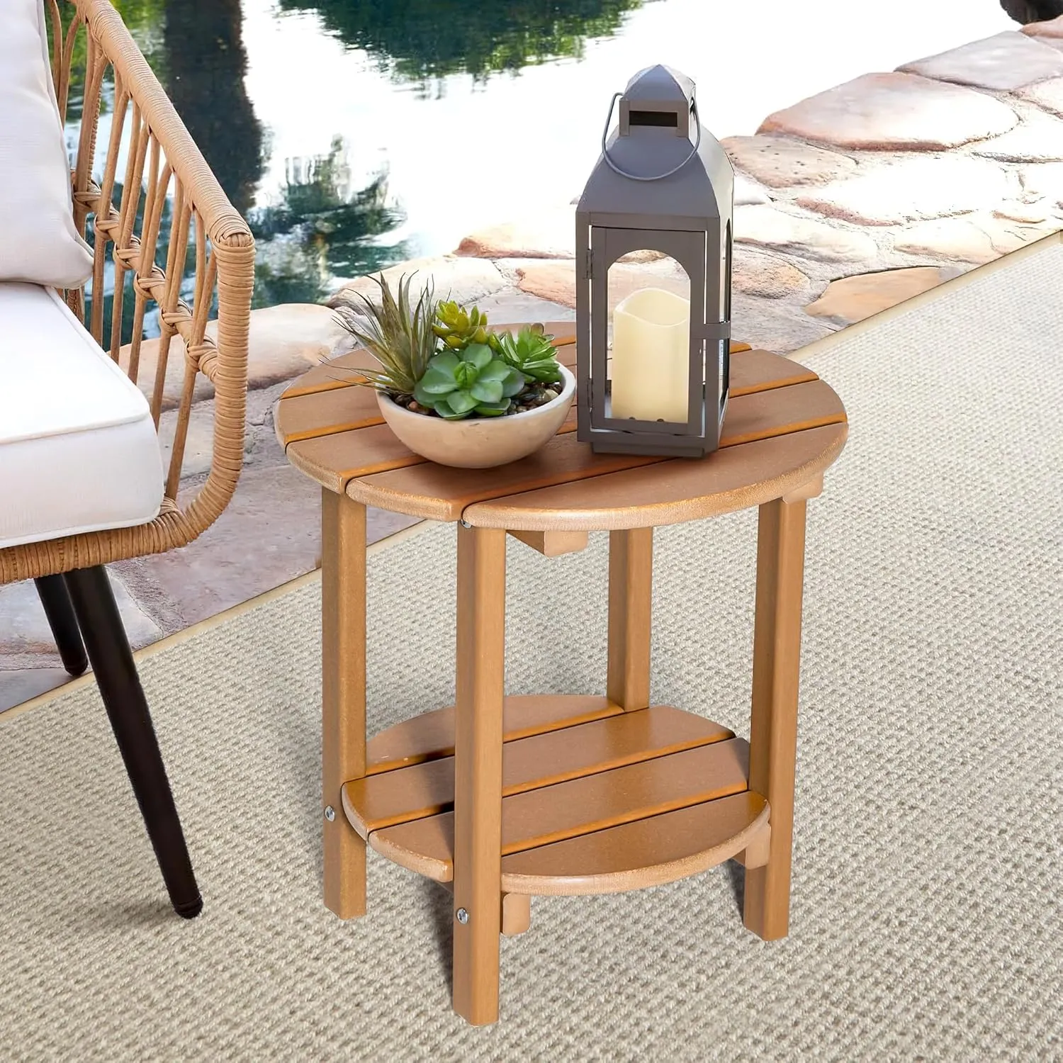 nalone HDPE Outdoor Side Table, 2 Tier Adirondack Patio Table for Outside, Double End Table Small Table for Balcony (Round Table, Teak)