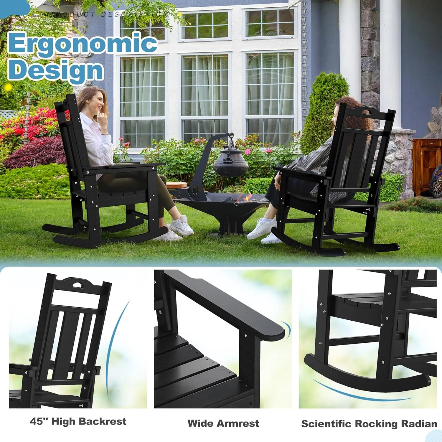 nalone Outdoor Rocking Chairs Set of 2, HDPE All Weather Resistant Rocking Chair for Porch, Oversized Patio Rocker Chair for Adult, Outdoor Rockers for Garden Lawn