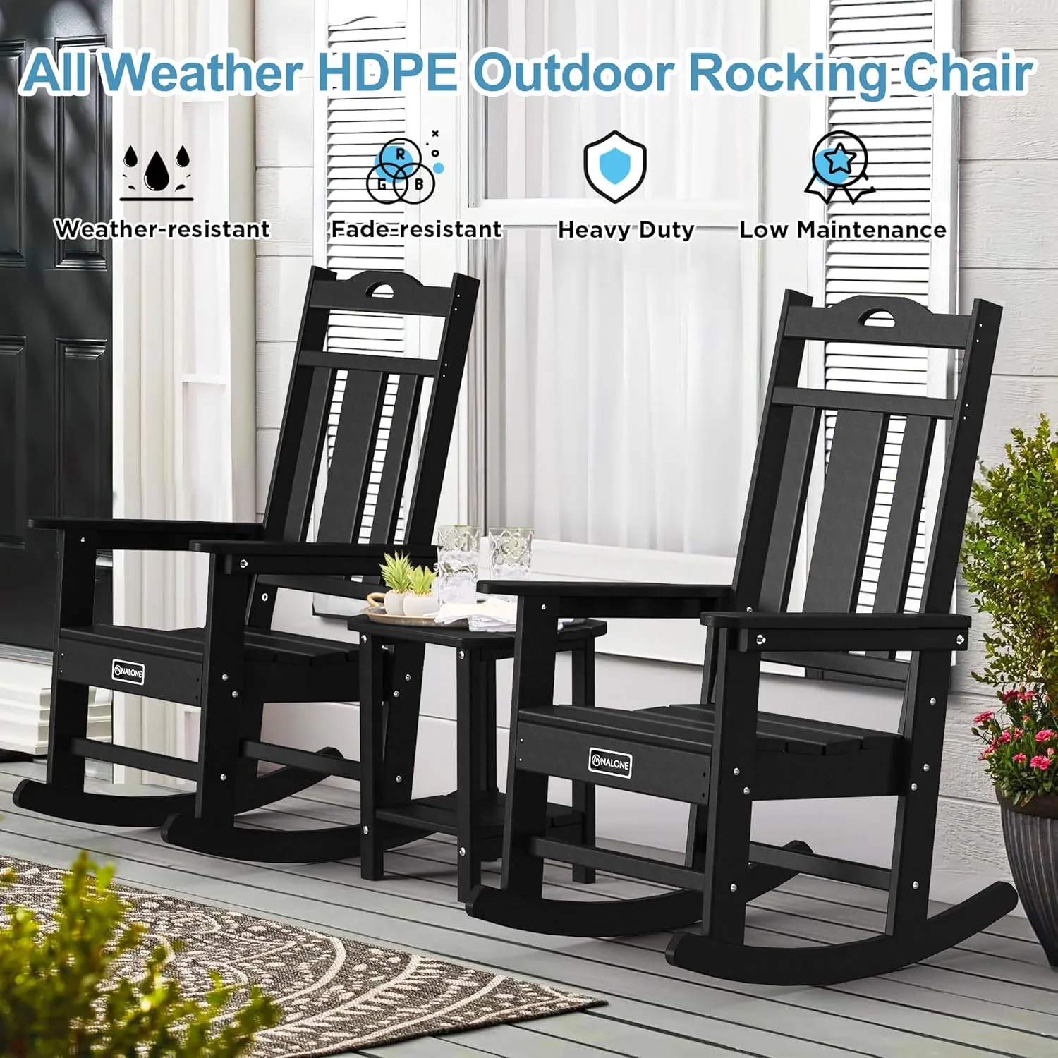 nalone Outdoor Rocking Chairs Set of 2, HDPE All Weather Resistant Rocking Chair for Porch, Oversized Patio Rocker Chair for Adult, Outdoor Rockers for Garden Lawn