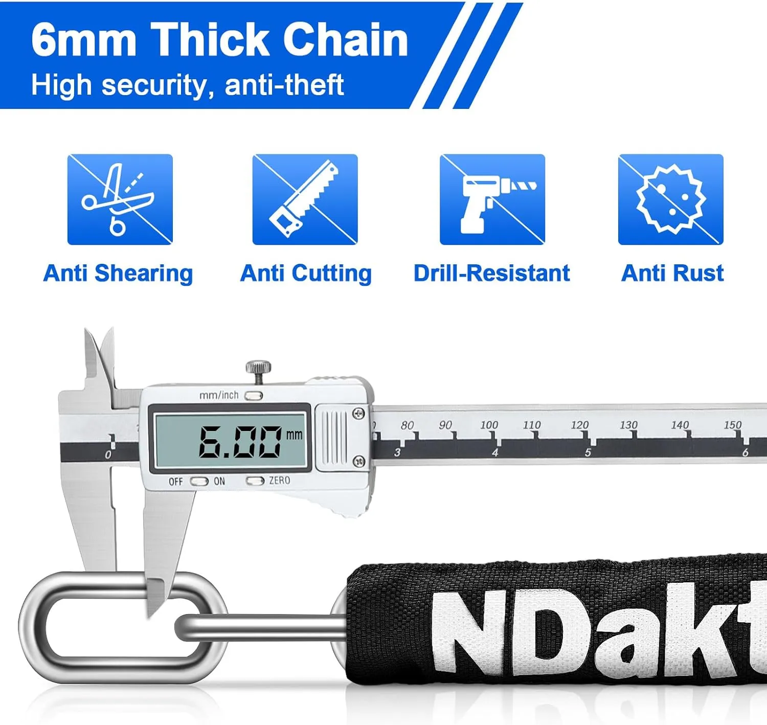 NDakter Bike Chain Lock, 5 Digit Combination Heavy Duty Anti Theft Bicycle Chain Lock,2.62/3.2/4.27/5/6Ft Long Security Resettable Bike Locks for Bike, Bicycle, Scooter, Door, Gate, Fence-4/6mm Thick