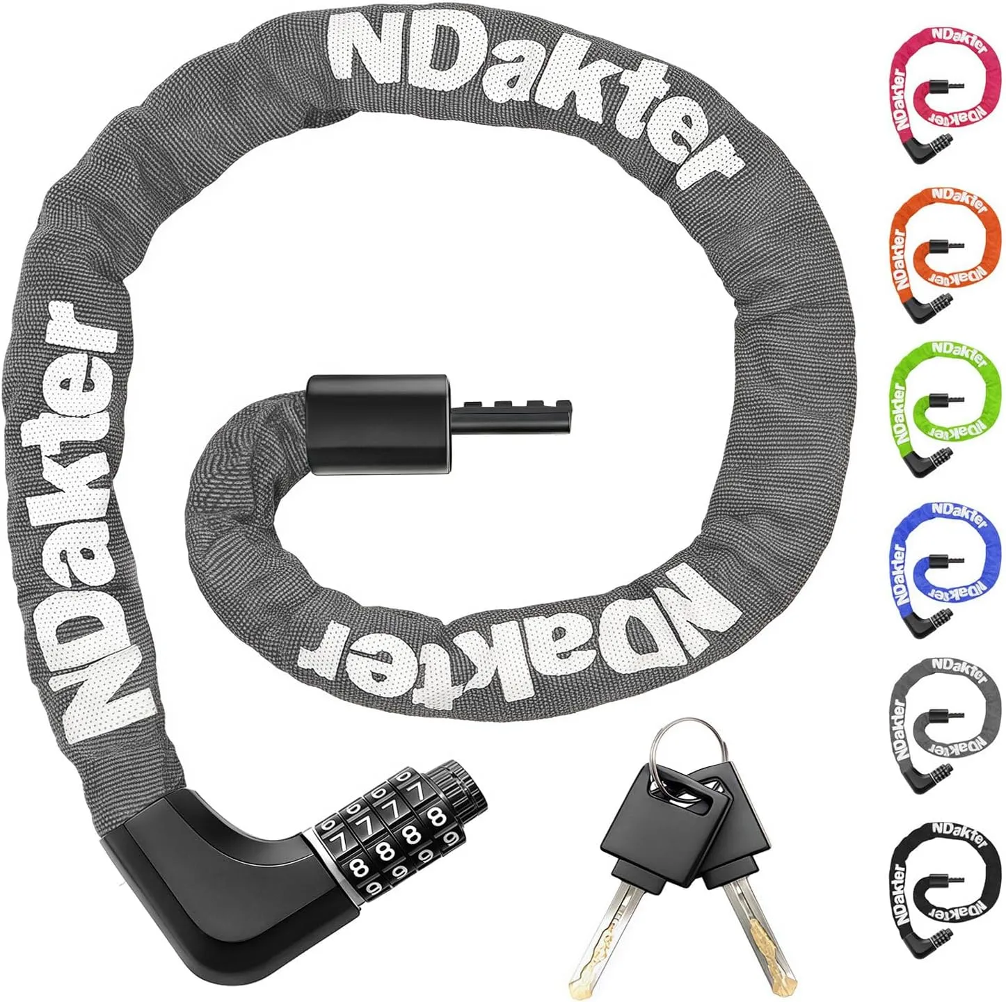 NDakter Upgrade Bike Lock, Bike Chain Lock with 2 Ways to Unlock, 4 Digit Combination Heavy Duty Anti-Theft 3.2/4.28 Ft Bicycle Lock with 2 Keys, High Security Scooter Locks for Ebike, Escooter, Door