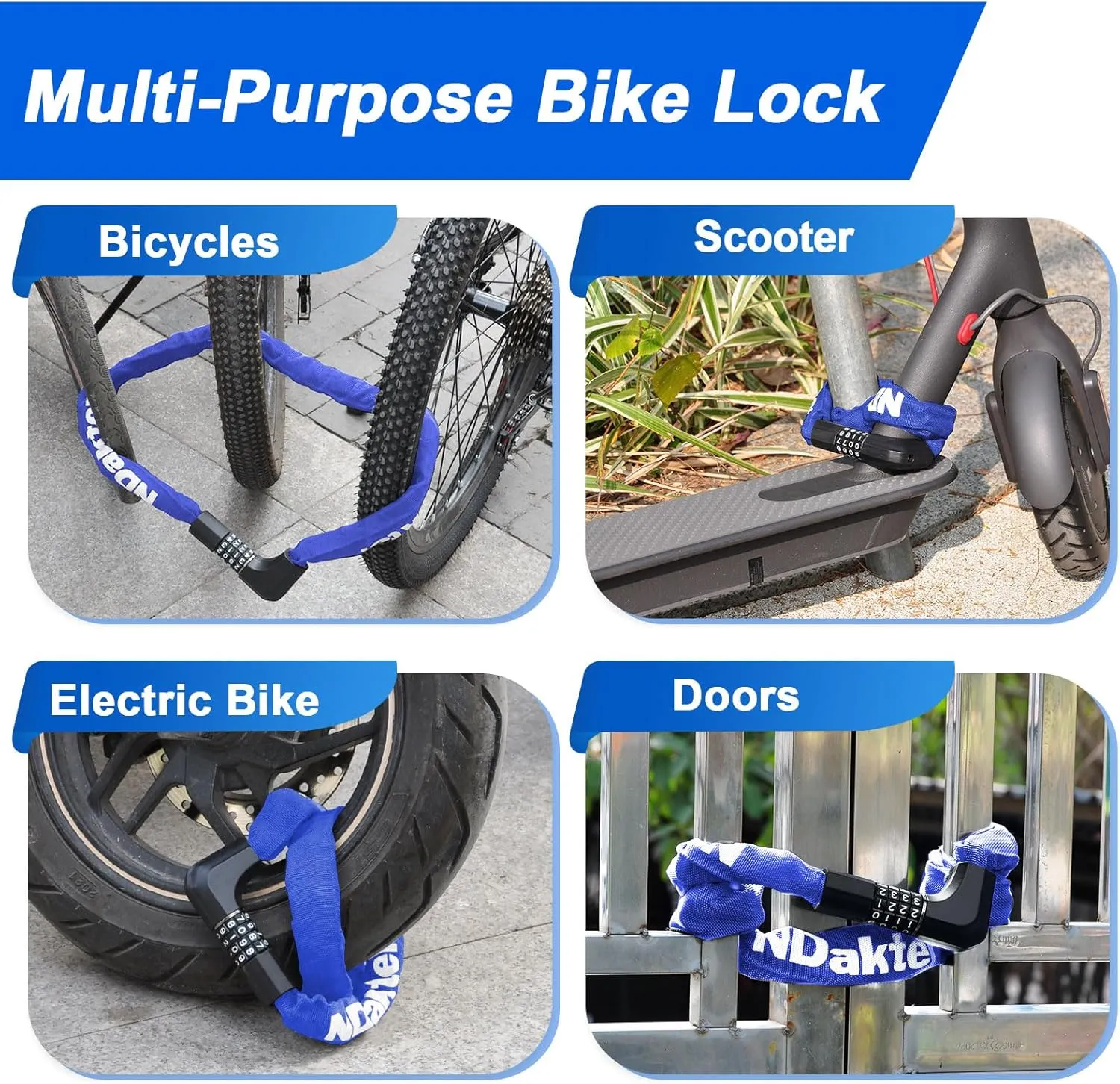 NDakter Upgrade Bike Lock, Bike Chain Lock with 2 Ways to Unlock, 4 Digit Combination Heavy Duty Anti-Theft 3.2/4.28 Ft Bicycle Lock with 2 Keys, High Security Scooter Locks for Ebike, Escooter, Door