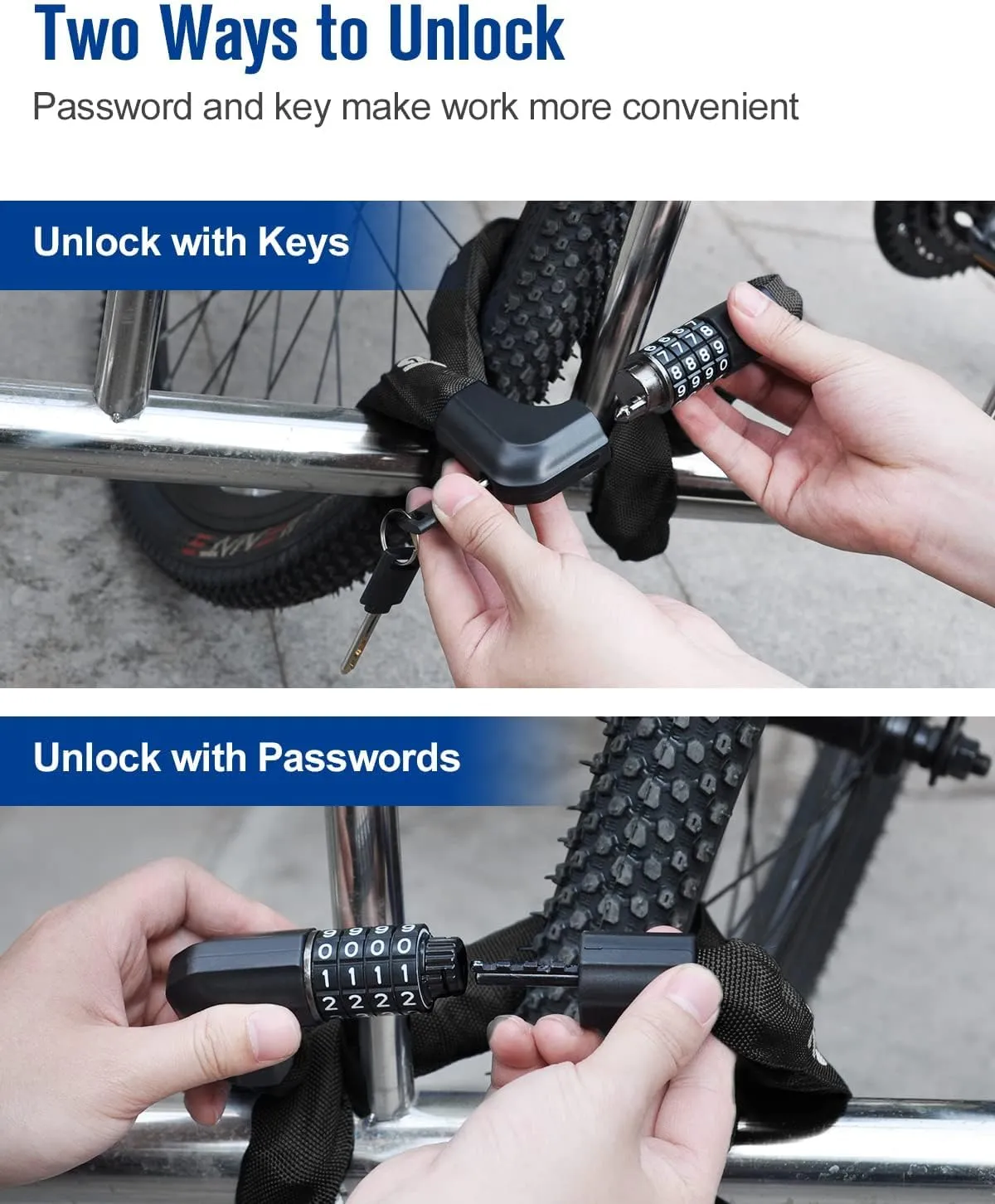 NDakter Upgrade Bike Lock, Bike Chain Lock with 2 Ways to Unlock, 4 Digit Combination Heavy Duty Anti-Theft 3.2/4.28 Ft Bicycle Lock with 2 Keys, High Security Scooter Locks for Ebike, Escooter, Door
