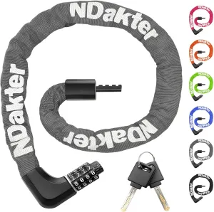 NDakter Upgrade Bike Lock, Bike Chain Lock with 2 Ways to Unlock, 4 Digit Combination Heavy Duty Anti-Theft 3.2/4.28 Ft Bicycle Lock with 2 Keys, High Security Scooter Locks for Ebike, Escooter, Door