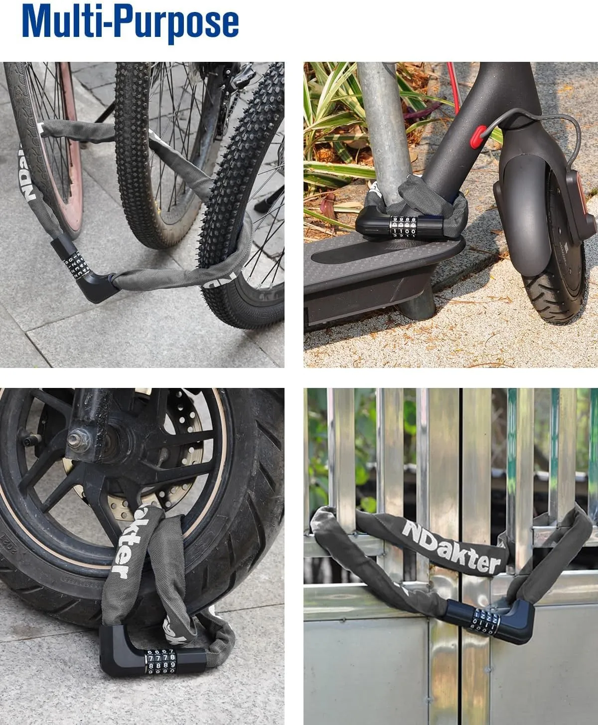 NDakter Upgrade Bike Lock, Bike Chain Lock with 2 Ways to Unlock, 4 Digit Combination Heavy Duty Anti-Theft 3.2/4.28 Ft Bicycle Lock with 2 Keys, High Security Scooter Locks for Ebike, Escooter, Door