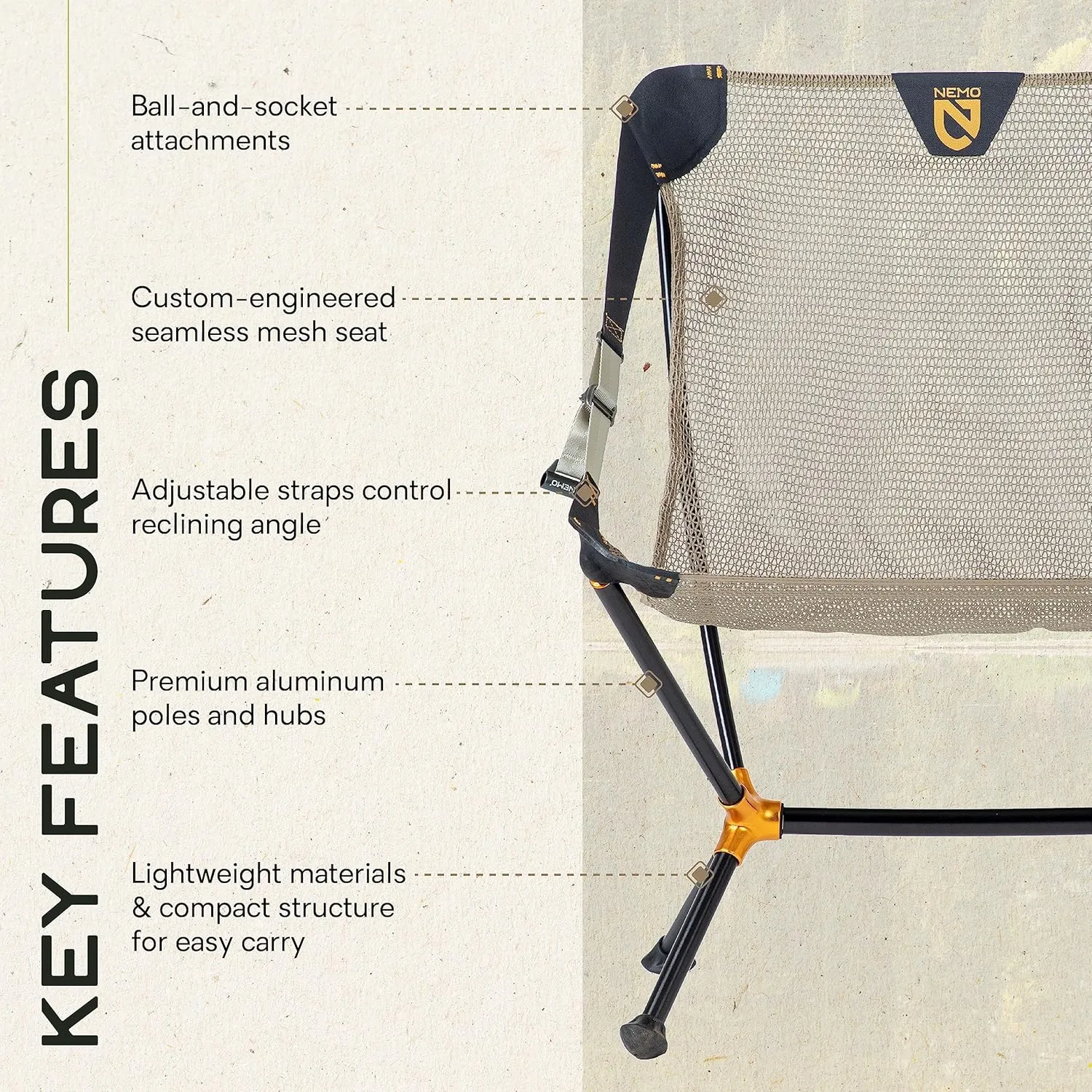 NEMO Moonlite Reclining Camp Chair | Portable Backpacking and Camping Chair with Adjustable and Foldable Options, Coriander