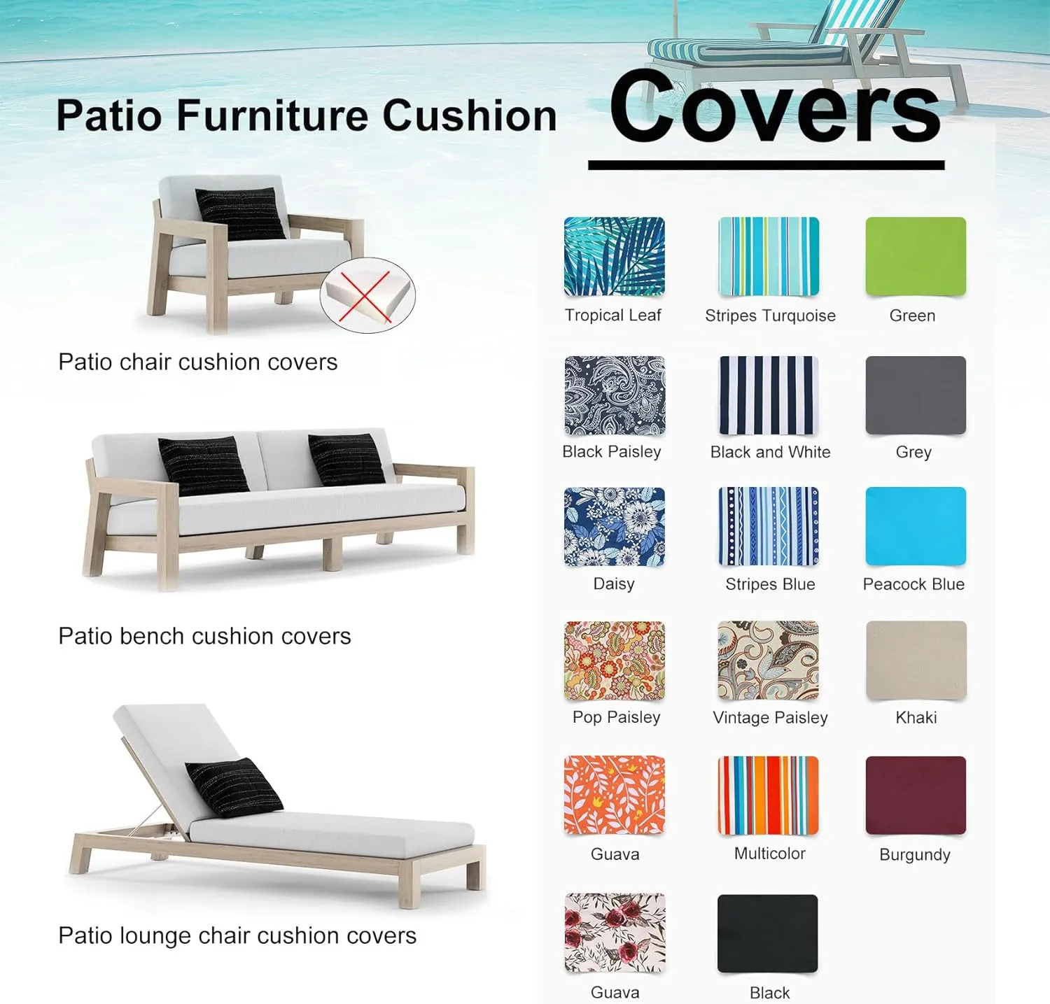 NettyPro Outdoor Cushion Slipcovers Waterproof 4 Pack Patio Chair Seat Cushion Covers with Zipper and Tie, 18 x 18 x 2 Inch, Replacement Cover Only
