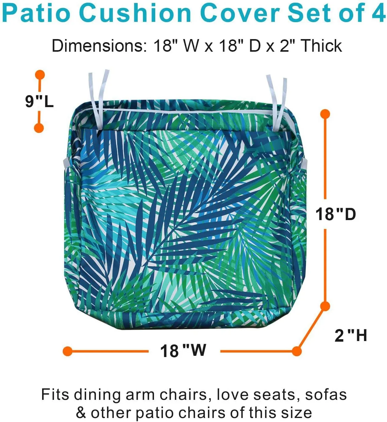 NettyPro Outdoor Cushion Slipcovers Waterproof 4 Pack Patio Chair Seat Cushion Covers with Zipper and Tie, 18 x 18 x 2 Inch, Replacement Cover Only