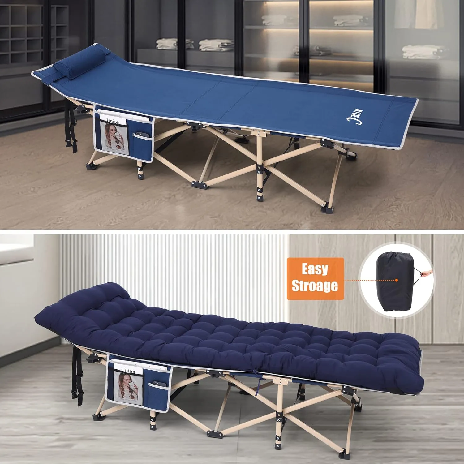 Nice C Camping Cots, Camping Cots with Mattress, for Adults, Folding Cot, with Pillow, Carry Bag & Storage Pocket, Extra Wide Sturdy, Holds Up to 500 Lbs (1, Mattress Navy)