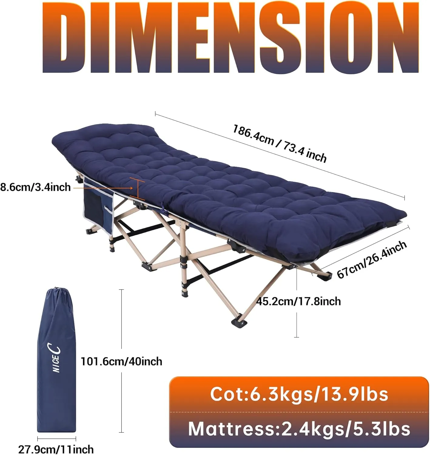 Nice C Camping Cots, Camping Cots with Mattress, for Adults, Folding Cot, with Pillow, Carry Bag & Storage Pocket, Extra Wide Sturdy, Holds Up to 500 Lbs (1, Mattress Navy)