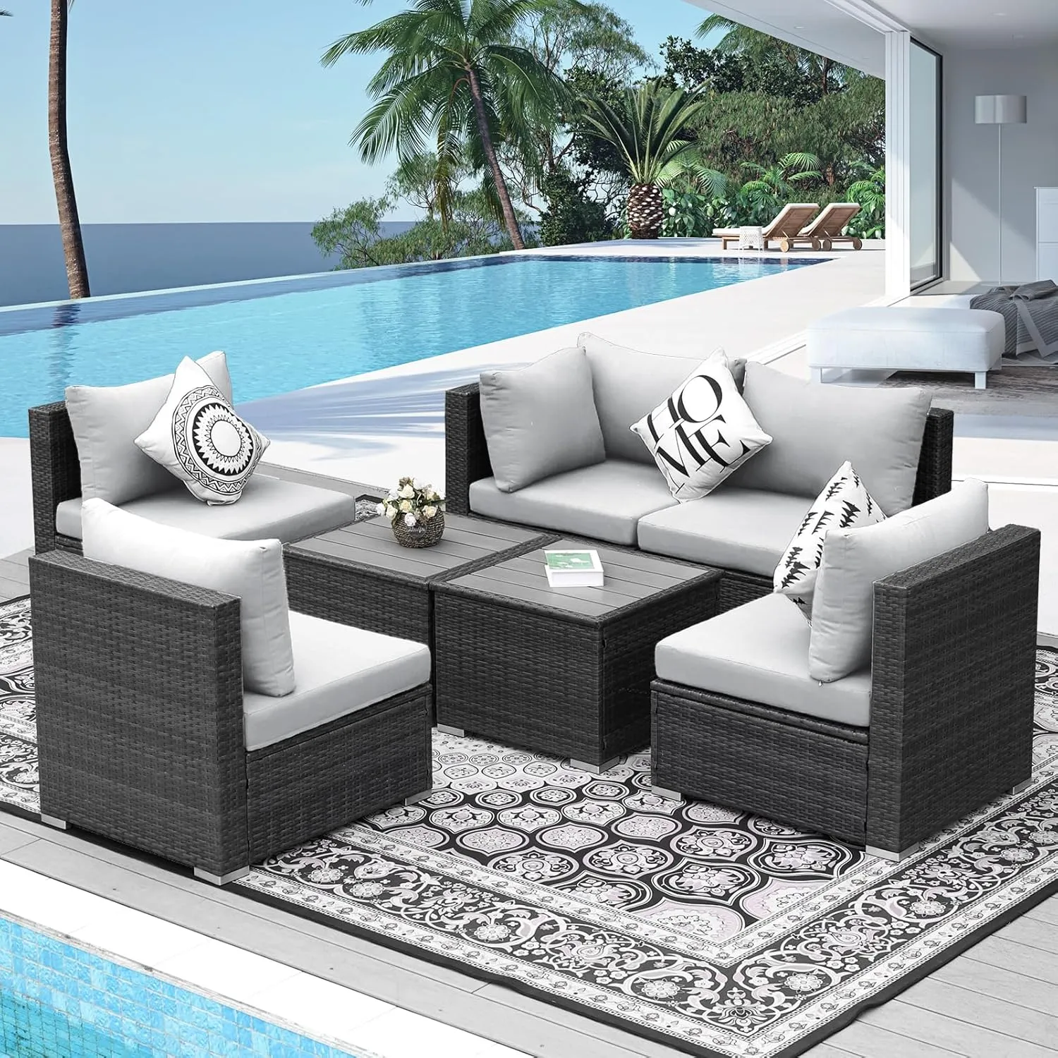 NICESOUL 7 Pieces Comfy 29.3'' High Back Outdoor Furniture Sofa Set, Extra Large Size Grey PE Wicker Patio Modular Sectional with Side Tables, All-Weather Rattan Conversations for Backyard Deck,Gray