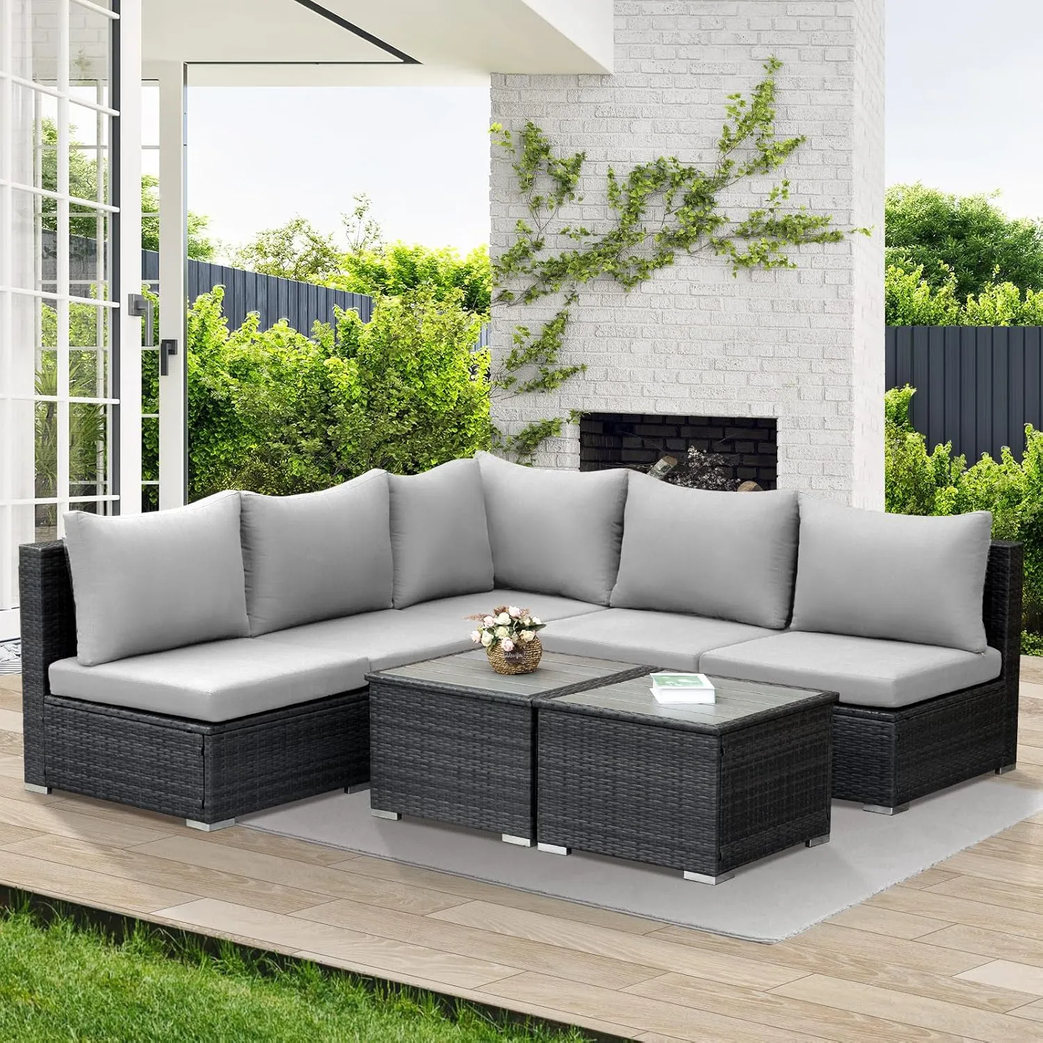 NICESOUL 7 Pieces Comfy 29.3'' High Back Outdoor Furniture Sofa Set, Extra Large Size Grey PE Wicker Patio Modular Sectional with Side Tables, All-Weather Rattan Conversations for Backyard Deck,Gray