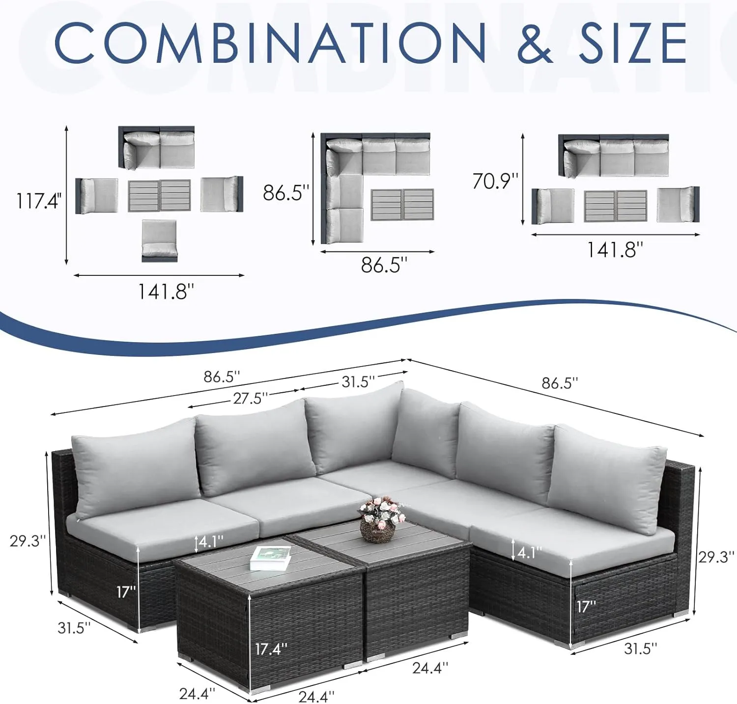 NICESOUL 7 Pieces Comfy 29.3'' High Back Outdoor Furniture Sofa Set, Extra Large Size Grey PE Wicker Patio Modular Sectional with Side Tables, All-Weather Rattan Conversations for Backyard Deck,Gray