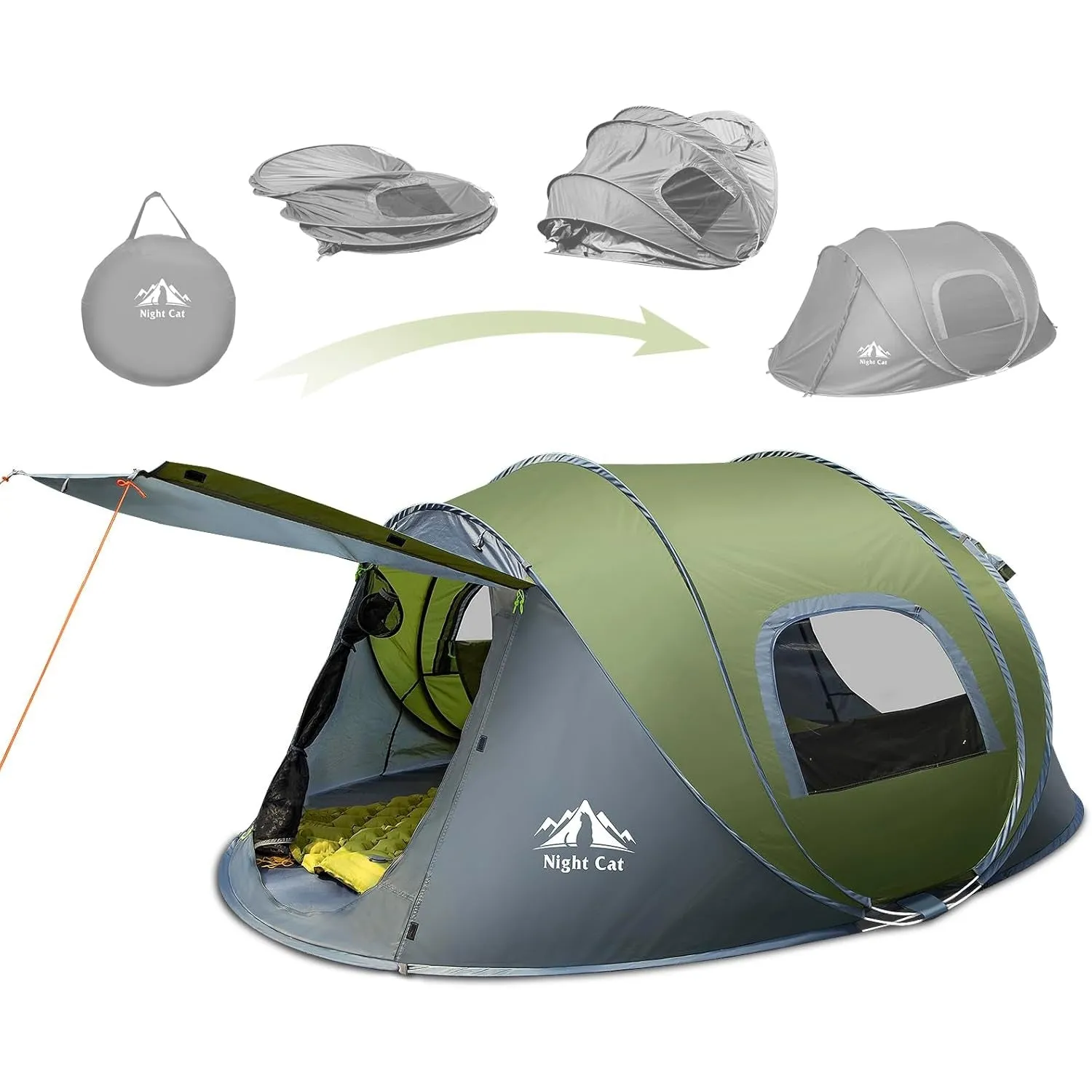 Night Cat Upgraded Pop up Tent 2-4 Persons Easy Setup in 3 Seconds Instant Camping Tent with Porch Automatic Foldable Waterproof Beach Package 40% Smaller