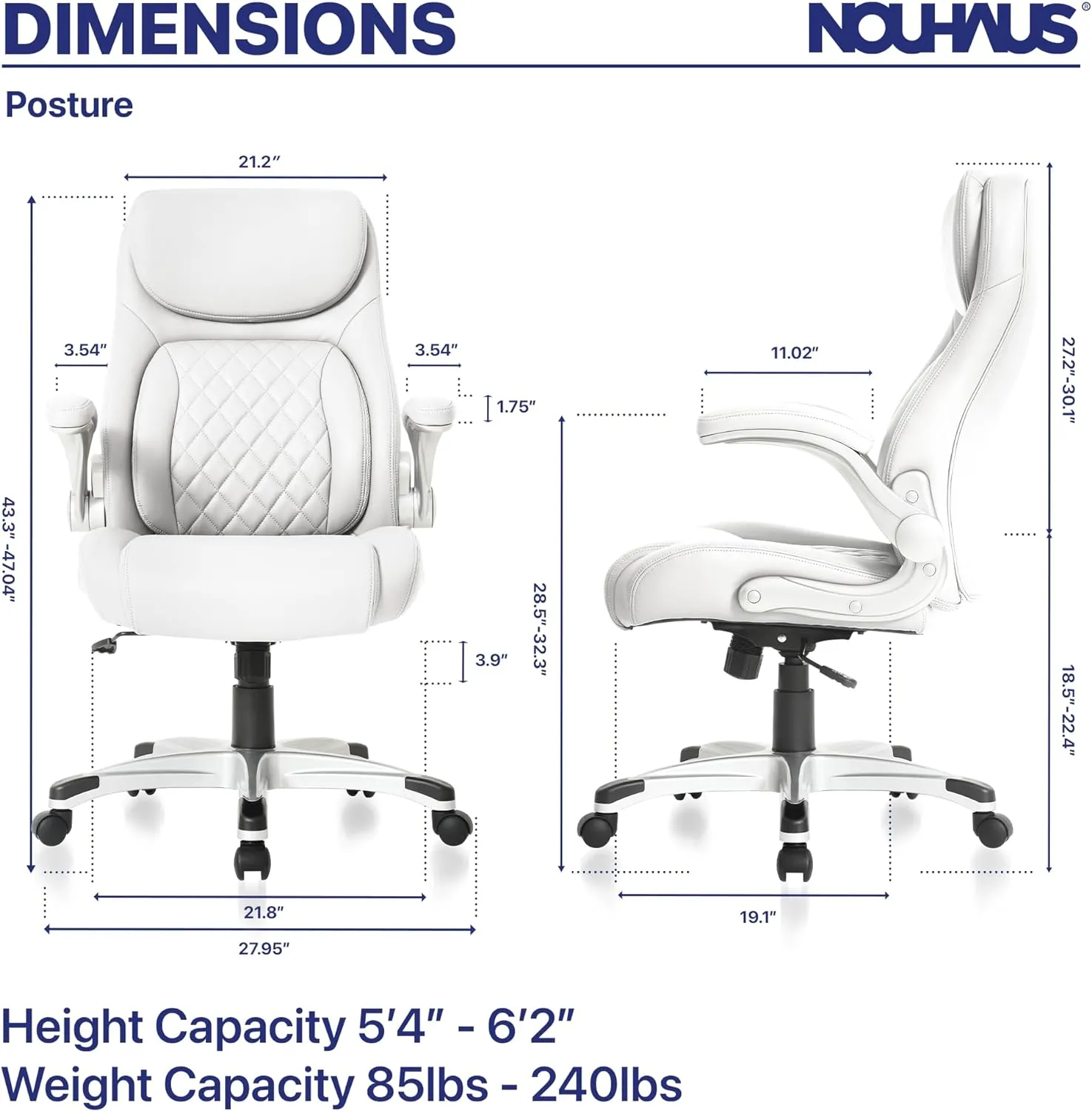 Nouhaus  Posture Ergonomic PU Leather Office Chair. Click5 Lumbar Support with FlipAdjust Armrests. Modern Executive Chair and Computer Desk Chair (White)