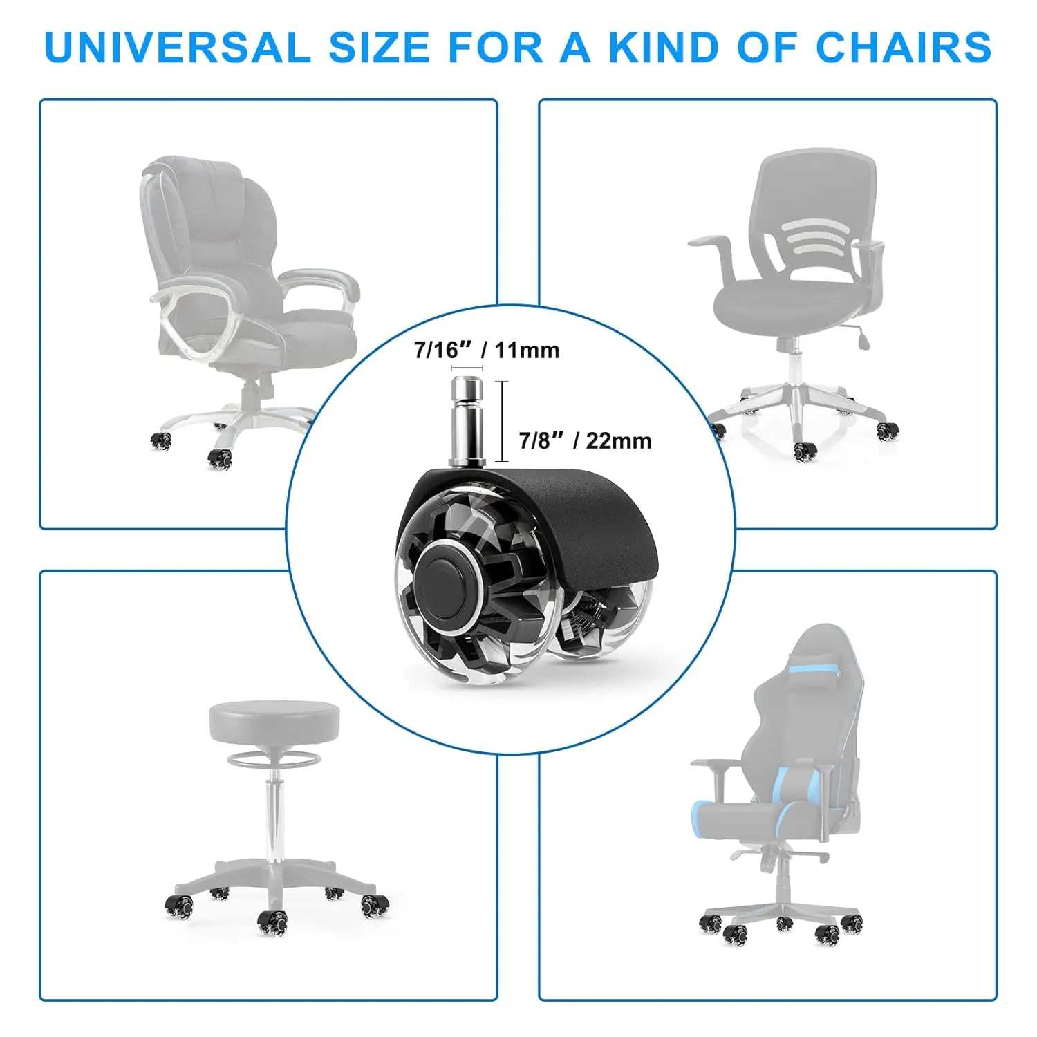Office Chair Caster Wheels (Set of 5),Heavy-Duty Chair Wheels Support 2200lbs,Mute Rubber Chair Casters for Hardwood Floors and Carpet,2 Inch Universal Fit (Black)