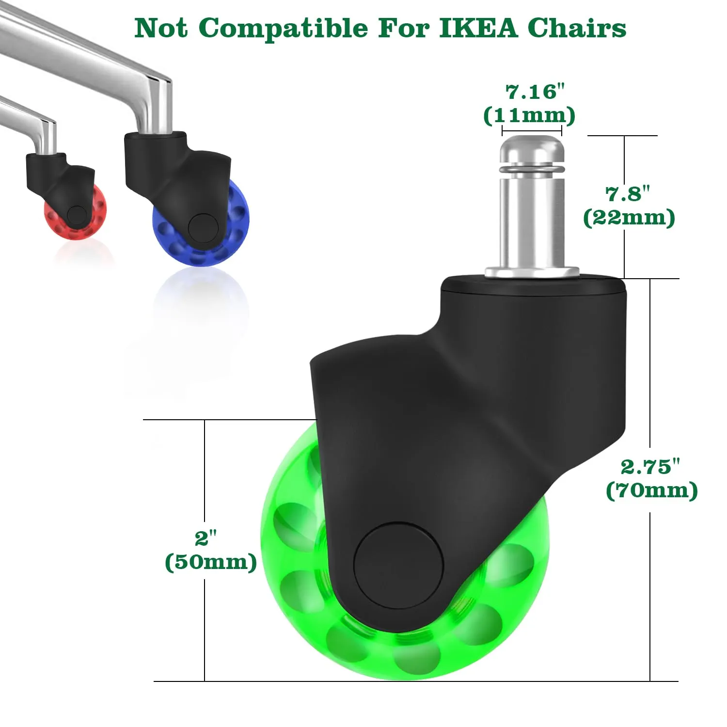 Office Chair Wheels Replacement 2 Inch Rubber Ball Caster Wheels for Hardwood Floor Carpet Mats, Set of 5, Heavy Duty Desk & Gaming Chair Casters 7/16" (11mm) Grip Ring Stem, Quiet Smooth Rolling