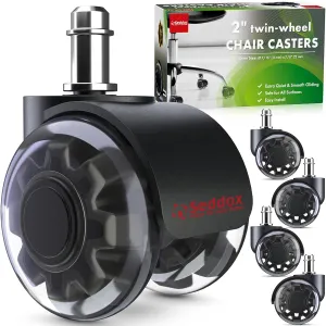 Office Chair Wheels Replacement Set of 5 - Dual 2 Inch Soft Chair Casters for Hardwood Vinyl Tile - Heavy Duty & Safe for All Floors - Fit Most Computer Gaming & Desk Chairs - Black