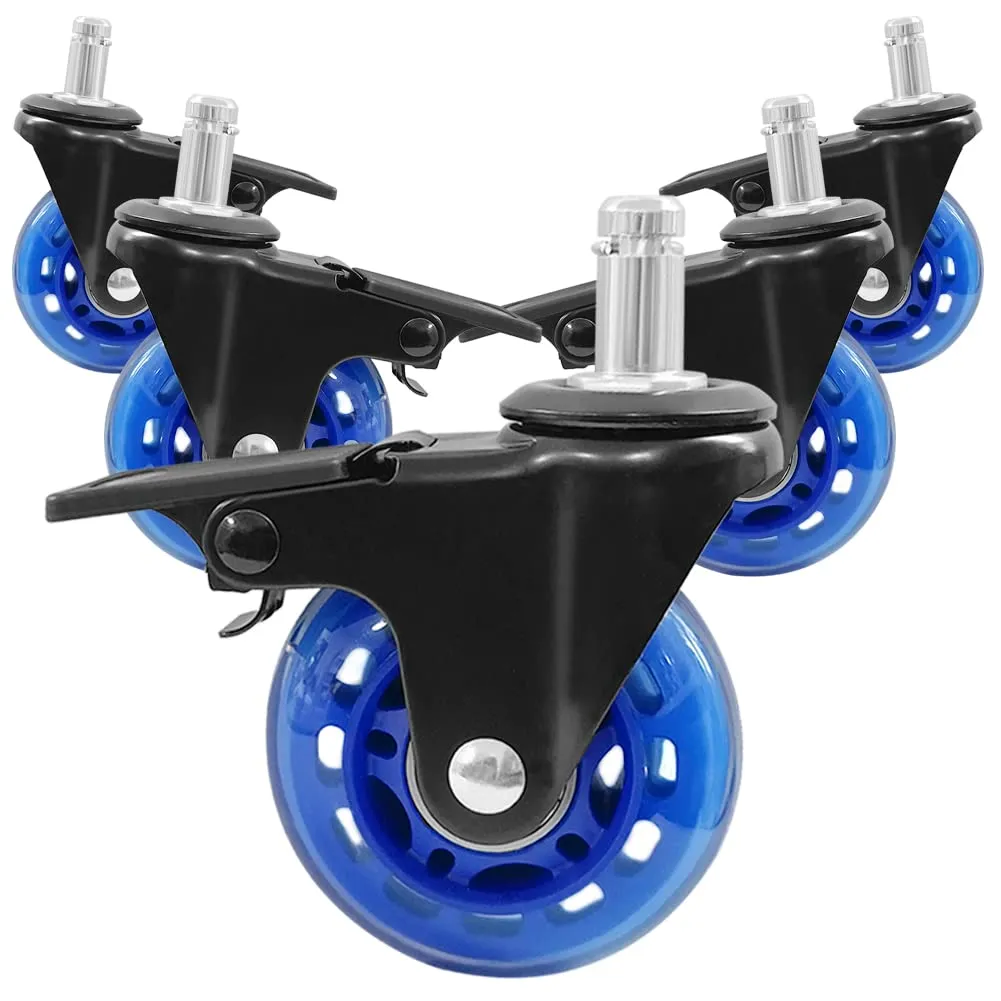 Office Chair Wheels with Brake, Wheels Smooth Rolling Heavy Duty Casters Safe for Hardwood Floors & Carpet, Replacement Rubber Chair Casters Smooth & Quiet Universal Stem 7/16" Blue Set of 5