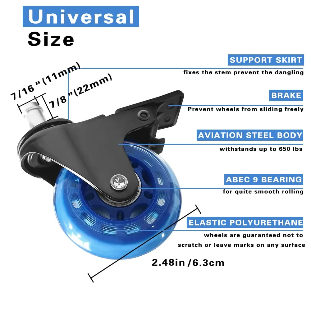 Office Chair Wheels with Brake, Wheels Smooth Rolling Heavy Duty Casters Safe for Hardwood Floors & Carpet, Replacement Rubber Chair Casters Smooth & Quiet Universal Stem 7/16" Blue Set of 5