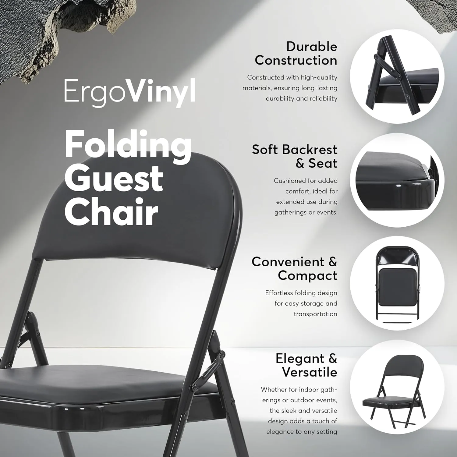 Oline Vinyl Folding Chairs, Padded Vinyl Cushion Chairs with Durable Metal Frame, Indoor Outdoor Stackable Foldable Guest Chairs for Office Wedding Kitchen Dining, 300lb Capacity (Black, 6 Pack)