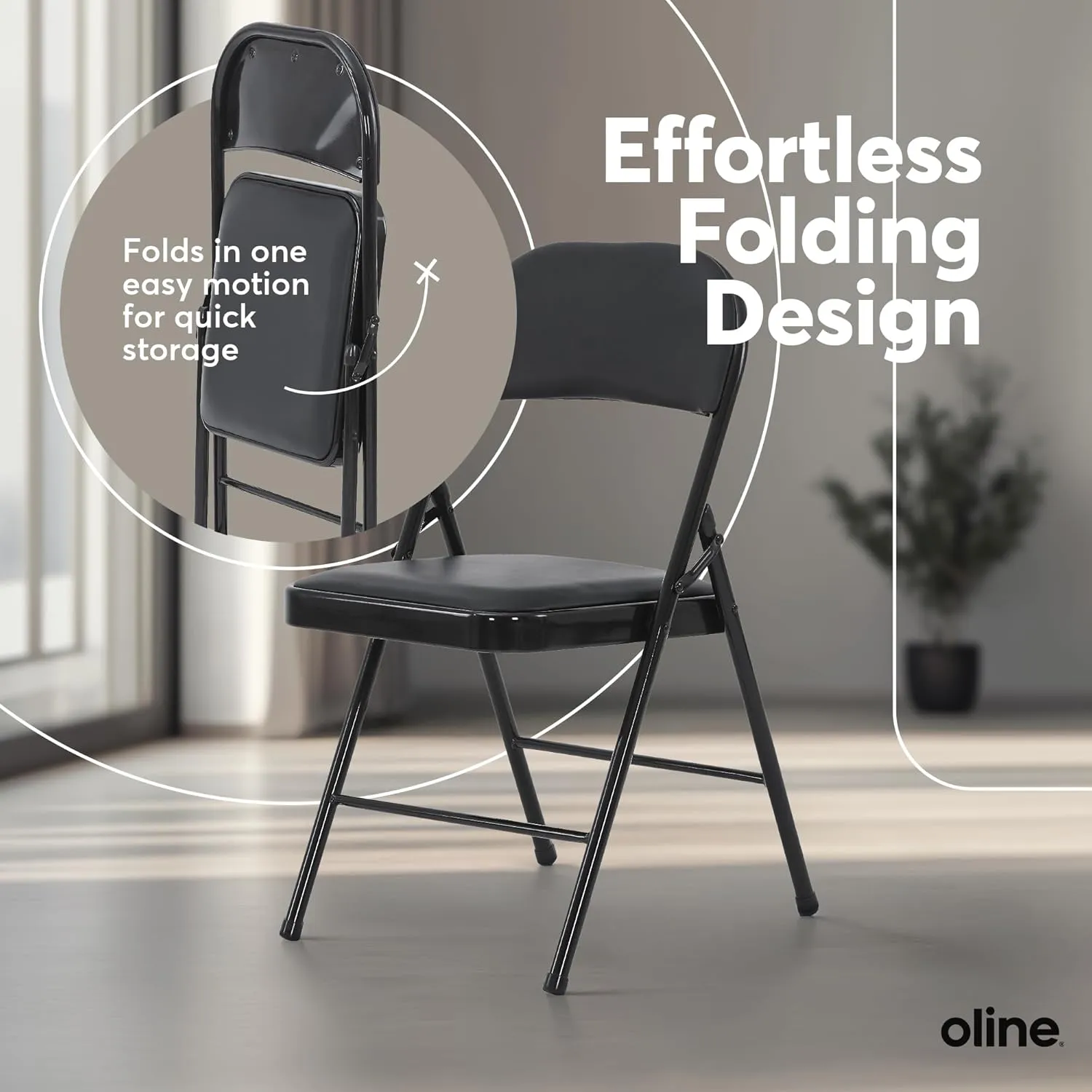 Oline Vinyl Folding Chairs, Padded Vinyl Cushion Chairs with Durable Metal Frame, Indoor Outdoor Stackable Foldable Guest Chairs for Office Wedding Kitchen Dining, 300lb Capacity (Black, 6 Pack)
