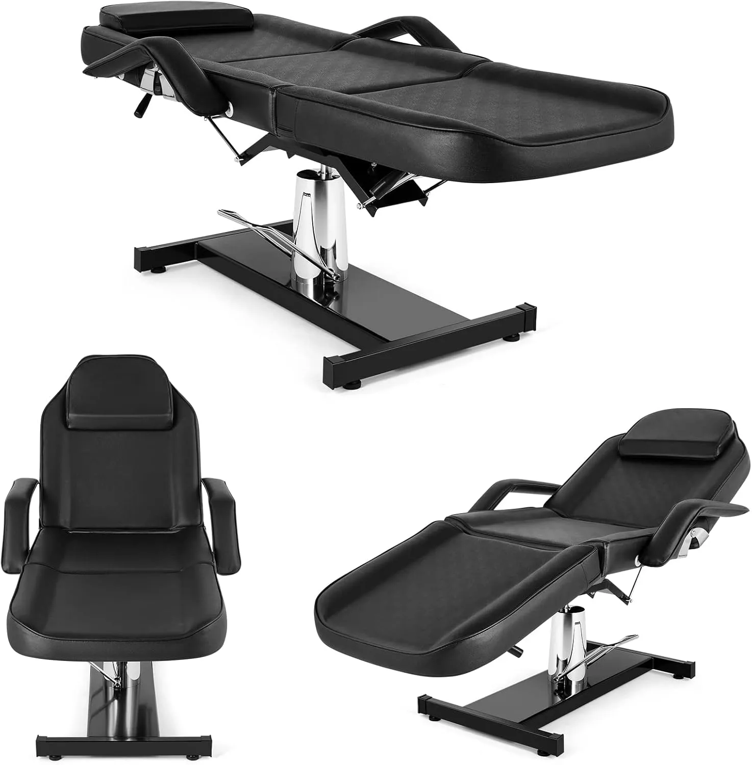 OmySalon Hydraulic Tattoo Chair Esthetician Bed, Multi-Purpose 3-Section Facial Bed Table, Adjustable Beauty Salon Spa Massage Beauty Equipment, Black