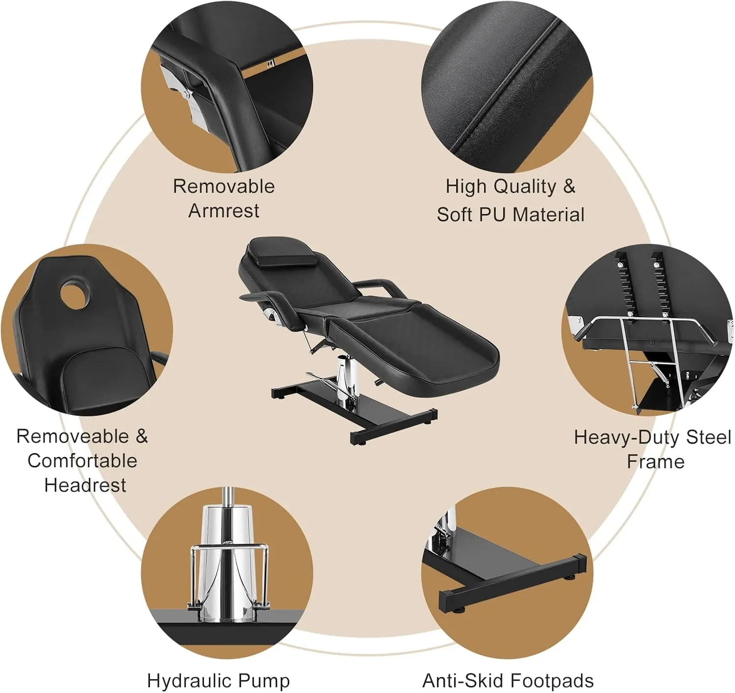 OmySalon Hydraulic Tattoo Chair Esthetician Bed, Multi-Purpose 3-Section Facial Bed Table, Adjustable Beauty Salon Spa Massage Beauty Equipment, Black