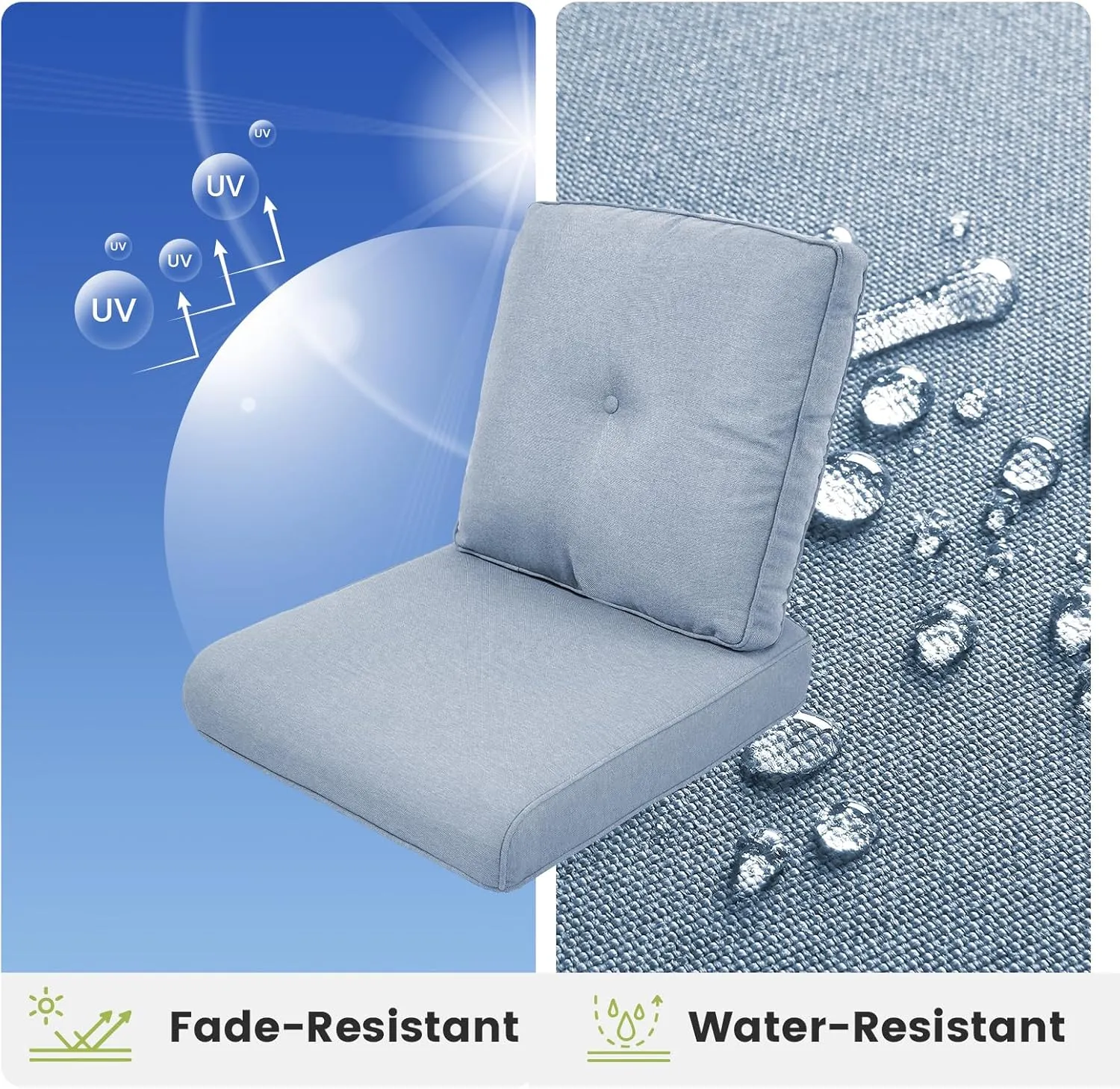 Outdoor Chair Cushions Set of 3 - Outside High Back Thick Water-Resistant Cushion 22x24 with Zipper Cover for Patio Glider Rocking Chairs Loveseat Couch – Baby Blue/Button