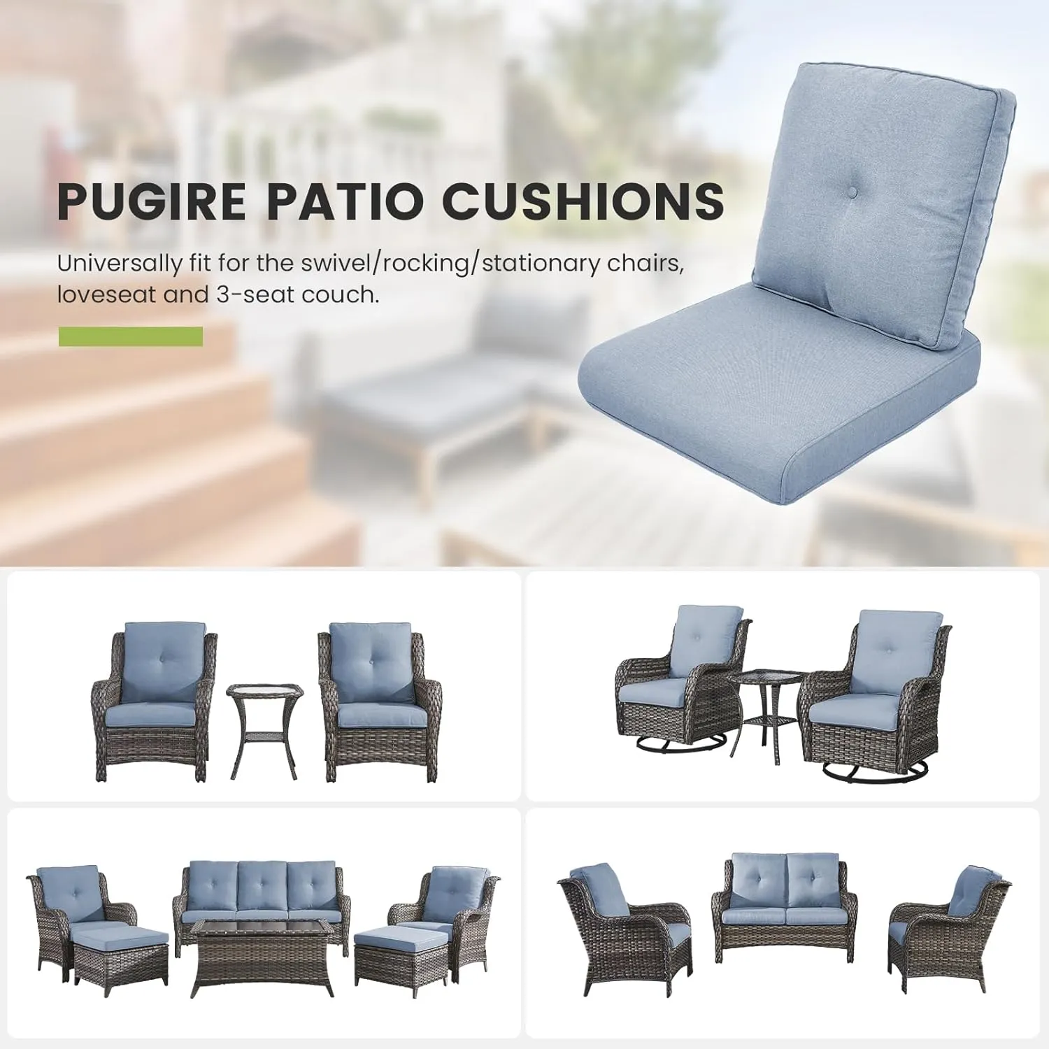 Outdoor Chair Cushions Set of 3 - Outside High Back Thick Water-Resistant Cushion 22x24 with Zipper Cover for Patio Glider Rocking Chairs Loveseat Couch – Baby Blue/Button