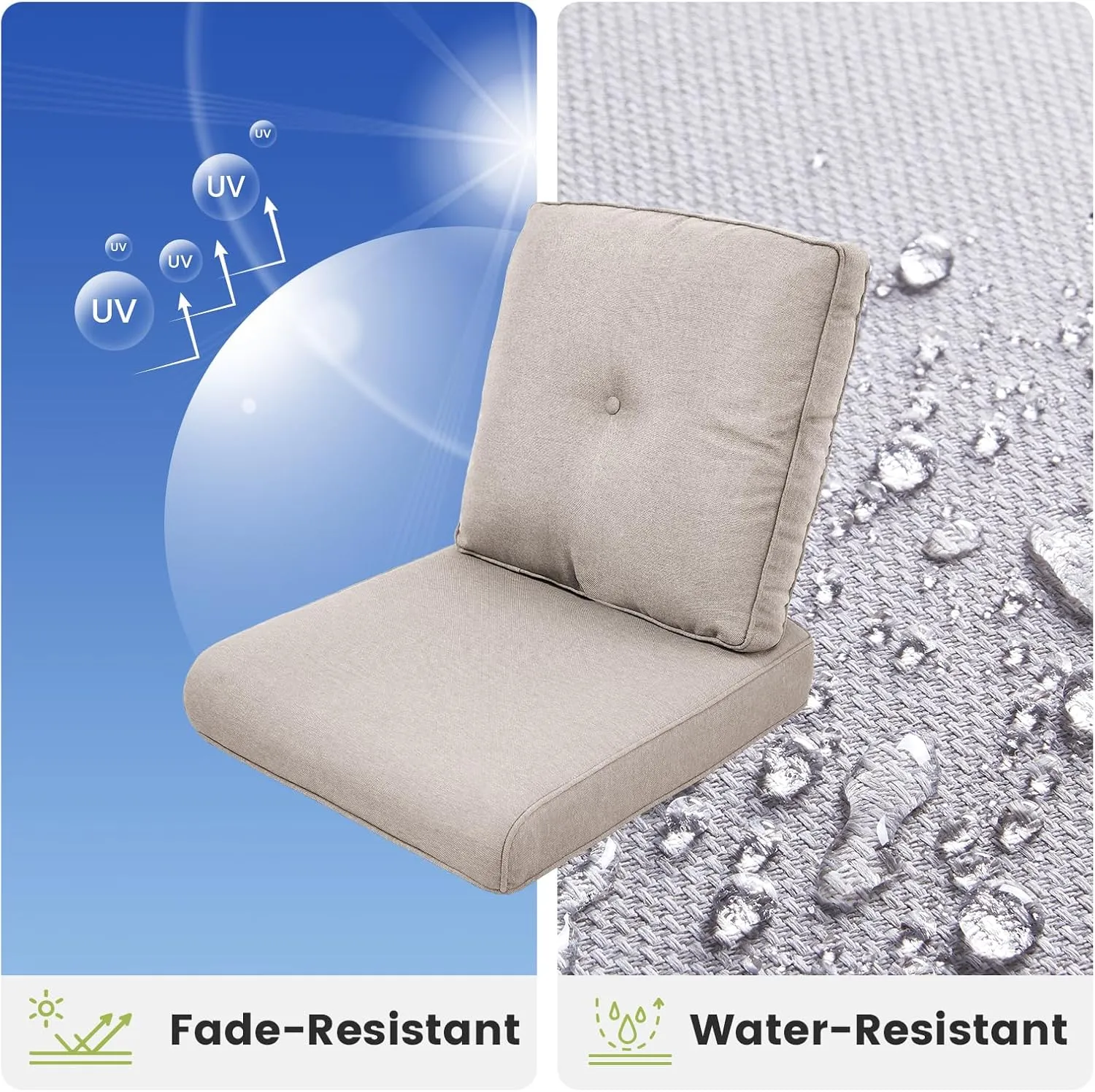 Outdoor Chair Cushions Set of 3 - Outside High Back Thick Water-Resistant Cushion 22x24 with Zipper Cover for Patio Glider Rocking Chairs Loveseat Couch – Beige/Button