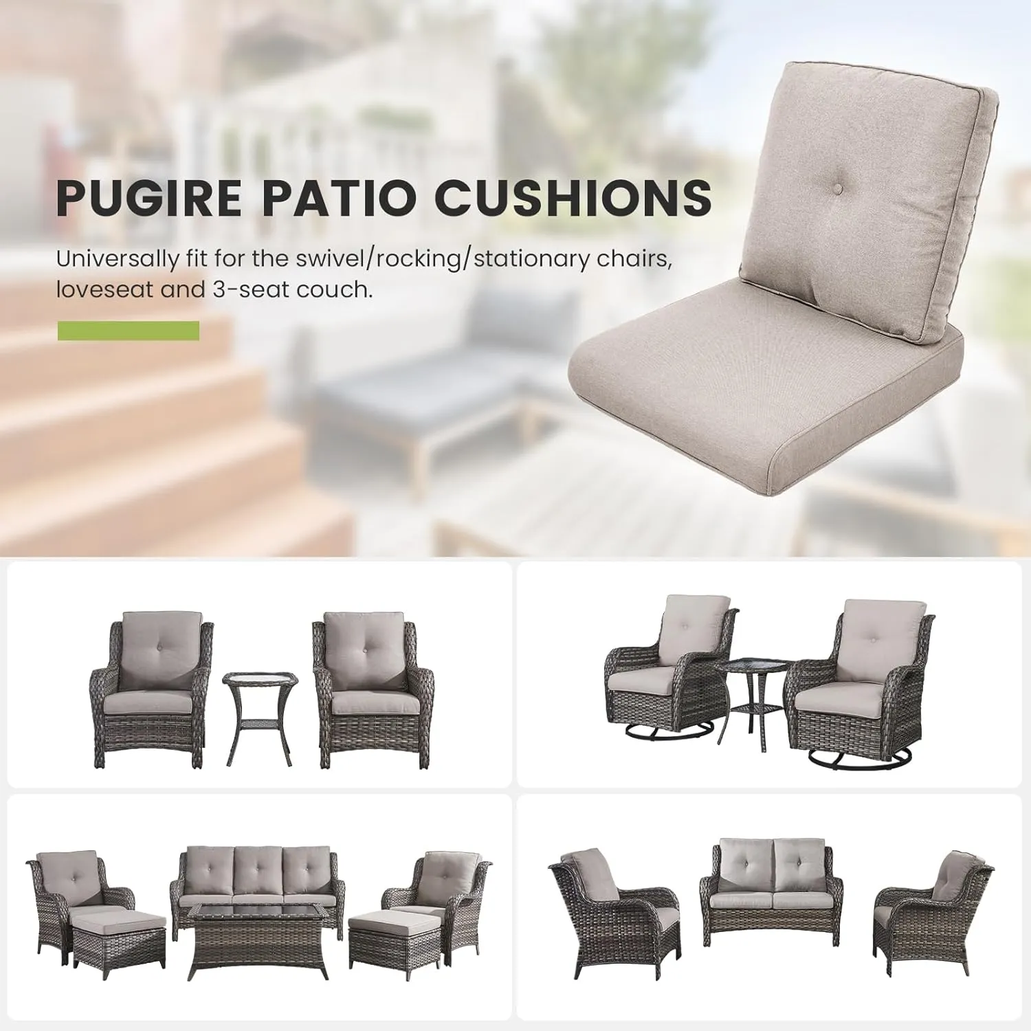 Outdoor Chair Cushions Set of 3 - Outside High Back Thick Water-Resistant Cushion 22x24 with Zipper Cover for Patio Glider Rocking Chairs Loveseat Couch – Beige/Button