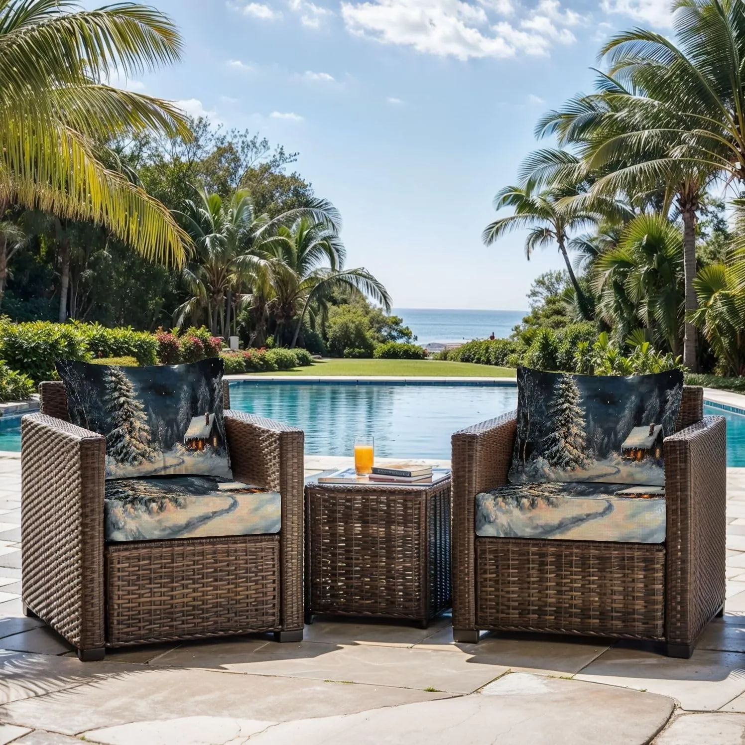 Outdoor Deep Seat Cushion Set 24 x 24 Inch, Christmas Night Village Waterproof Patio Furniture Lounge Chair Cushions for Wicker Seat Sofa Couch