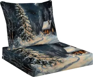 Outdoor Deep Seat Cushion Set 24 x 24 Inch, Christmas Night Village Waterproof Patio Furniture Lounge Chair Cushions for Wicker Seat Sofa Couch