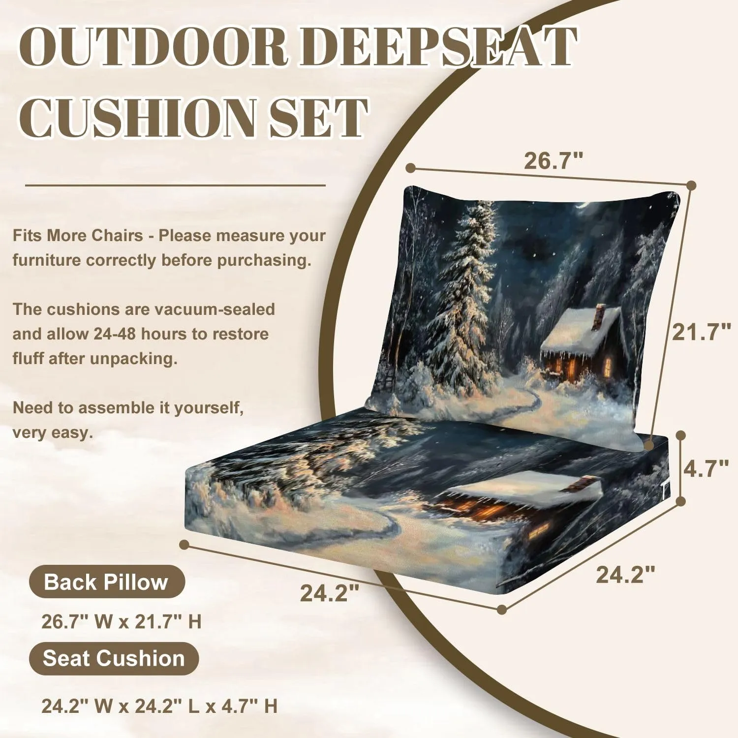 Outdoor Deep Seat Cushion Set 24 x 24 Inch, Christmas Night Village Waterproof Patio Furniture Lounge Chair Cushions for Wicker Seat Sofa Couch