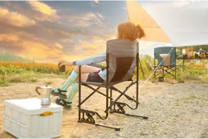 Outdoor Freestyle Rocker Camping Chair Portable Folding Rocking Chair with Solid, Durable Armrests, Drink Holder & Comfortable Backrest -Grey