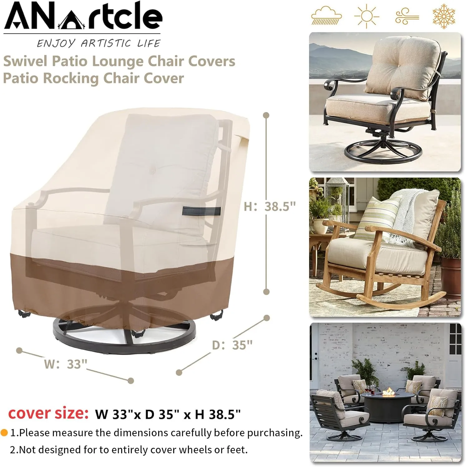 Outdoor Swivel Lounge Chair Cover 2 Pack,Waterproof Heavy Duty Lawn Patio Chair Covers,Patio Swivel Chair Covers for Outdoor Furniture (33 W x 35 D x 38.5 H inches) Beige&Brown