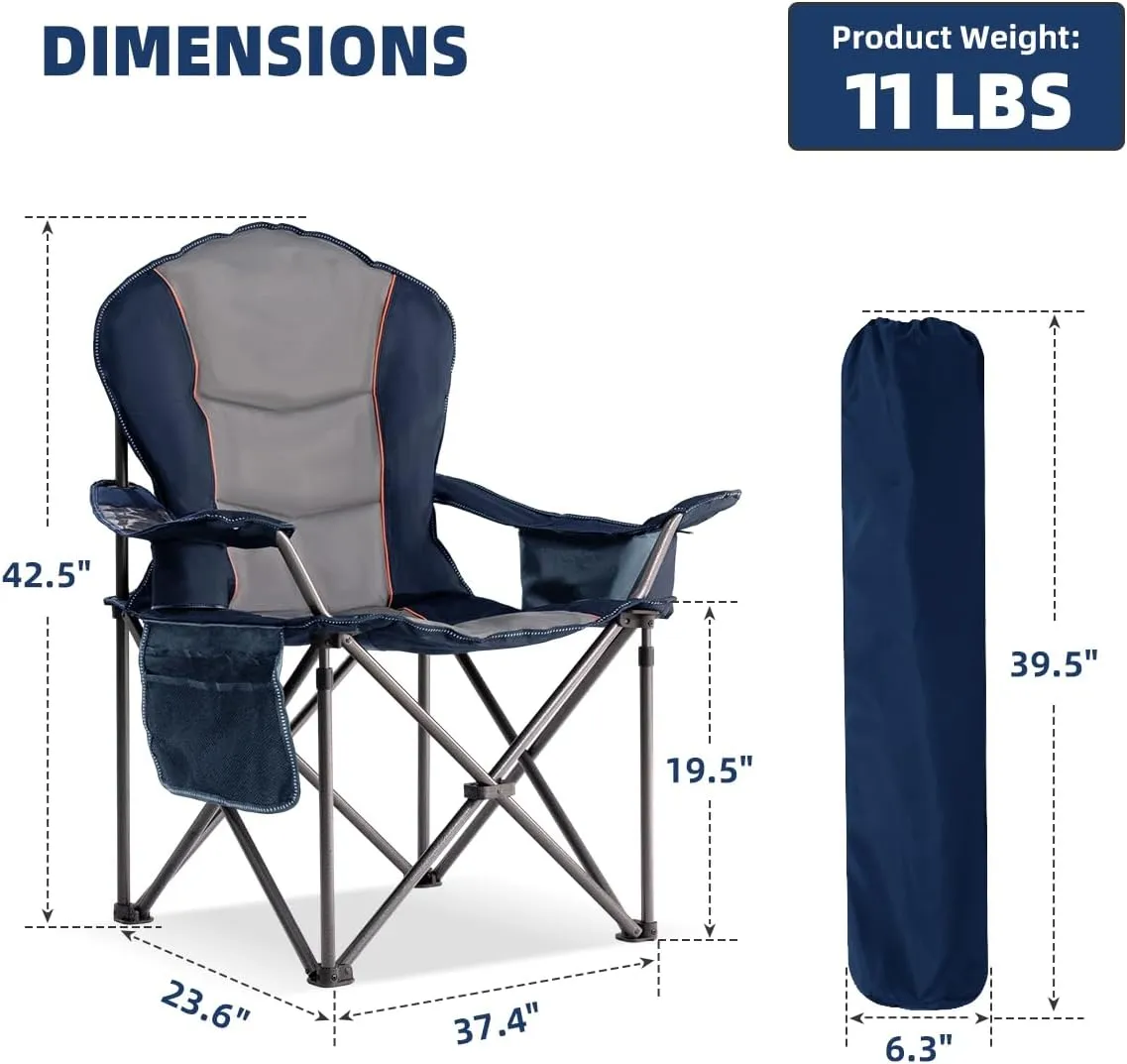 Oversized Camping Chair Heavy Duty 500LBS - Folding Outdoor Chair with Cooler Bag, Storage Pockets, Portable Collapsible Lawn Chairs for Adults (Blue & Gray)