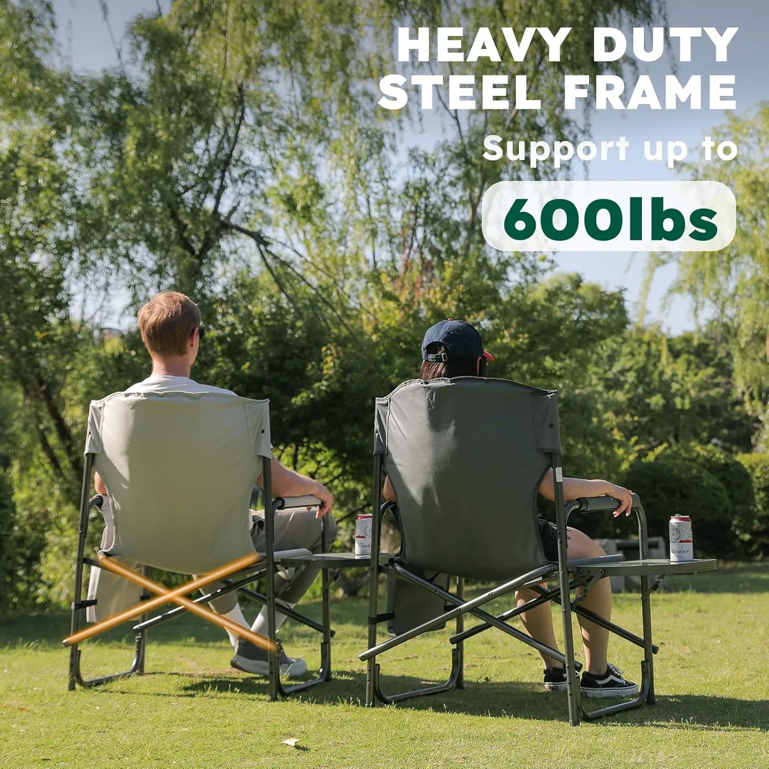 Oversized Directors Camping Chair Set of 2 Support 600 LBS, Heavy Duty Folding Outdoor Chairs with Detachable Side Pocket and Adjustable Side Table for Outside Beach,Lawn,Fishing (Black)