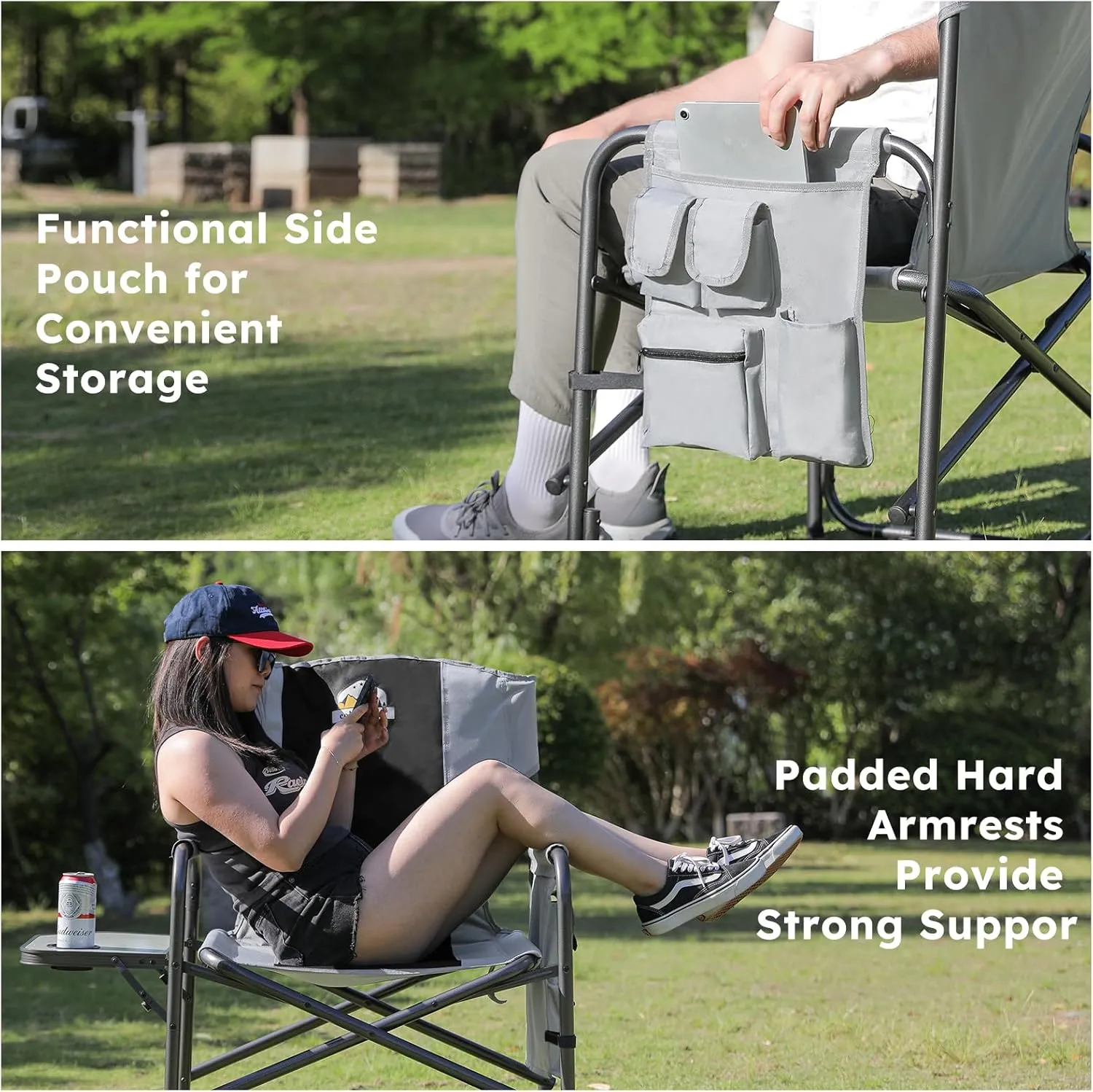 Oversized Directors Camping Chair Set of 2 Support 600 LBS, Heavy Duty Folding Outdoor Chairs with Detachable Side Pocket and Adjustable Side Table for Outside Beach,Lawn,Fishing (Black)